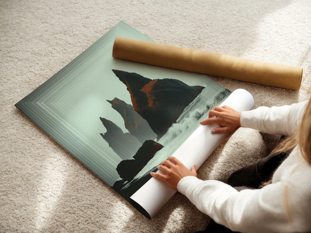Woman rolling a fine art poster paper print of Iceland Black Sand Beach. The minimalist nature art is ready to be framed. Perfect for coastal themed spaces. This seascape art brings the beauty of Iceland to your home.