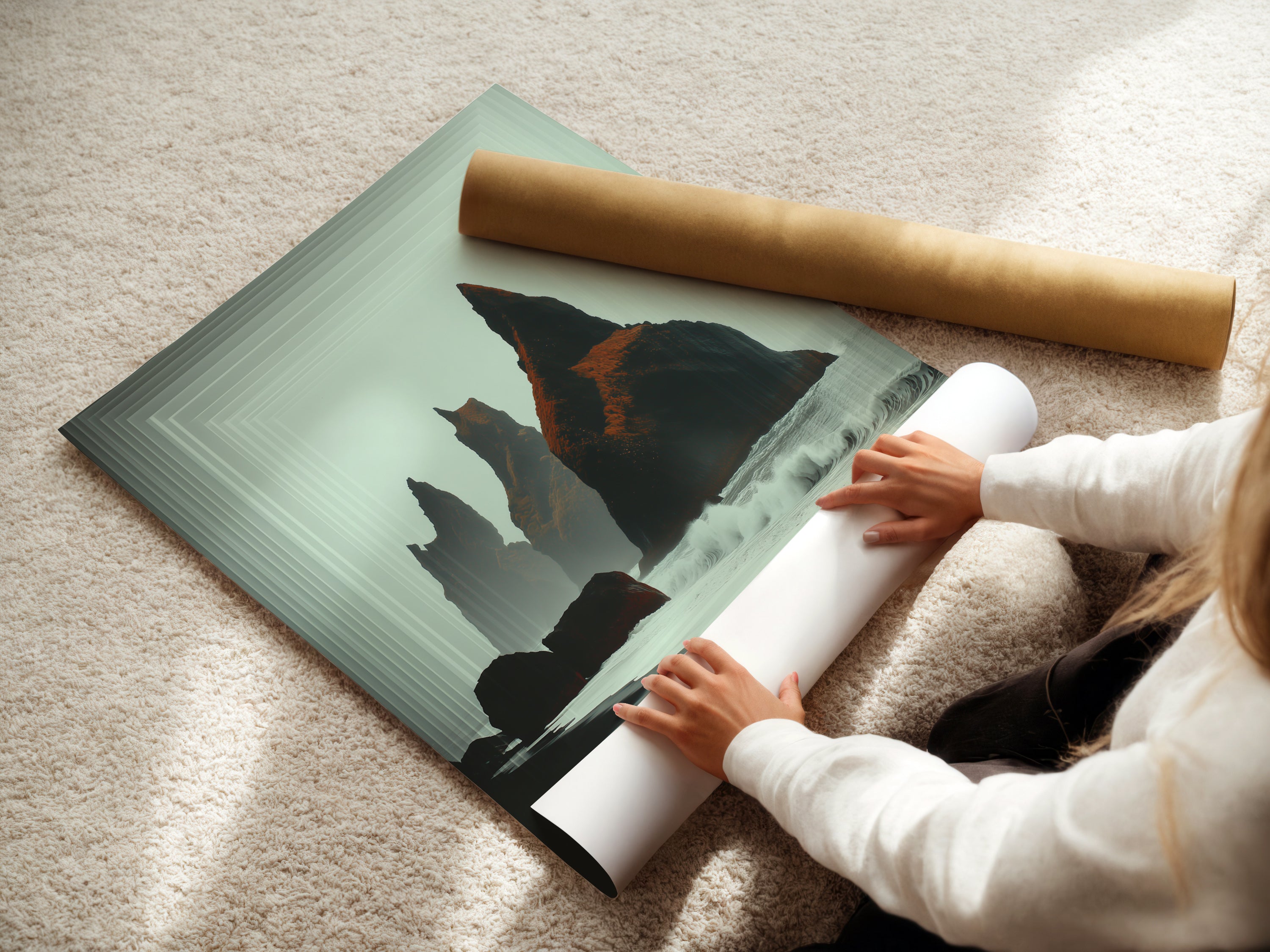 Woman rolling a fine art poster paper print of Iceland Black Sand Beach. The minimalist nature art is ready to be framed. Perfect for coastal themed spaces. This seascape art brings the beauty of Iceland to your home.