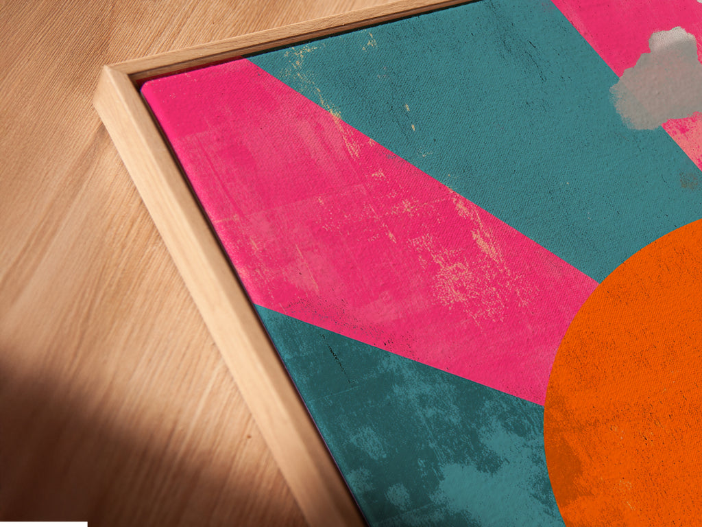 This is a close-up angled view of a canvas print in a floating frame. The surreal landscape features a retro sun a cow and a man. The floating frame enhances the artwork's contemporary appeal. It is perfect for modern interiors.