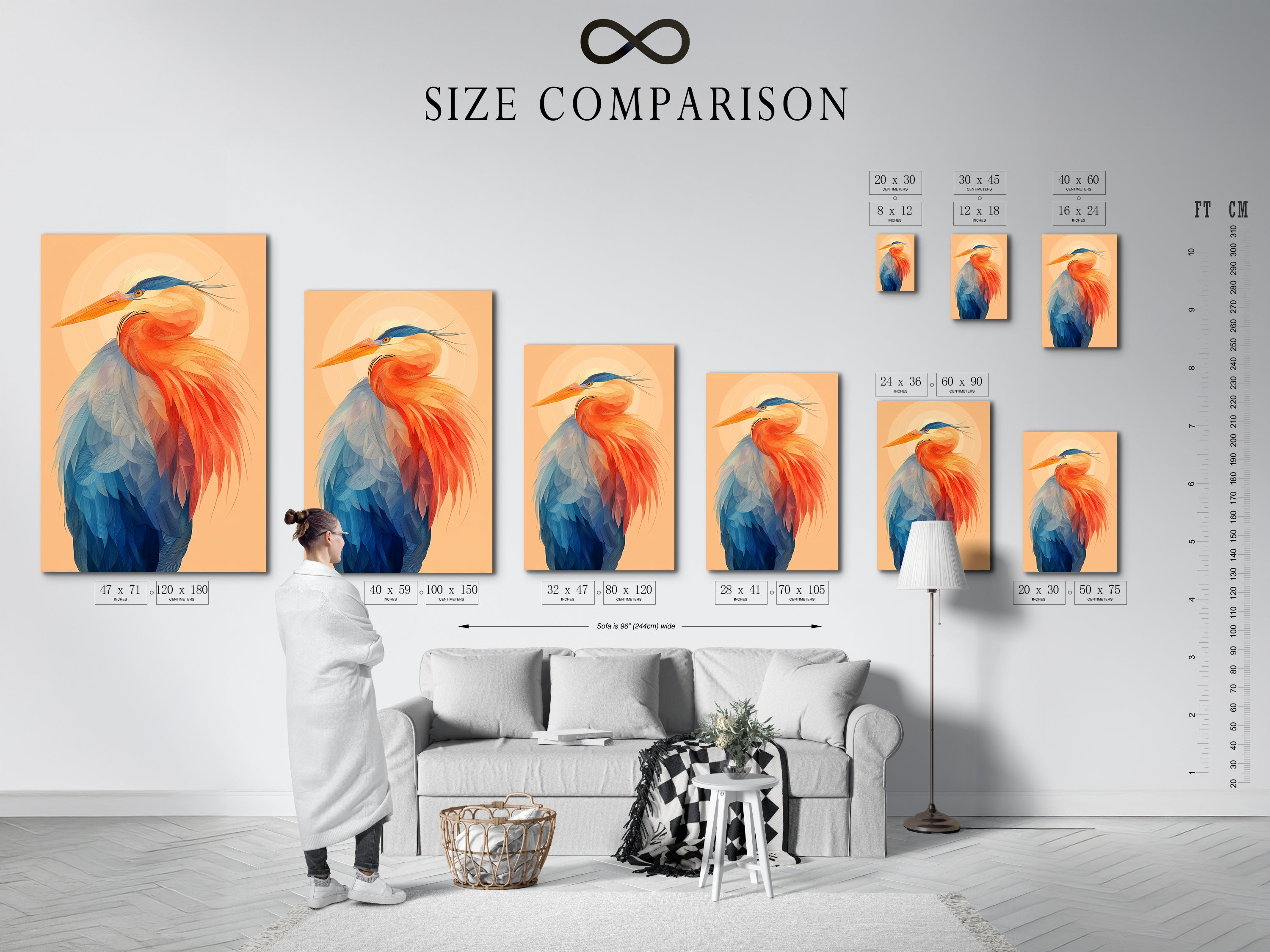 Size comparison chart in an interior setting. It showcases various sizes of the heron art print. Visualize the perfect fit for your wall. Choose from different sizes of coastal wall art. Find the ideal bird canvas print to complement your space. The size chart helps you make the right decision for your modern art print.