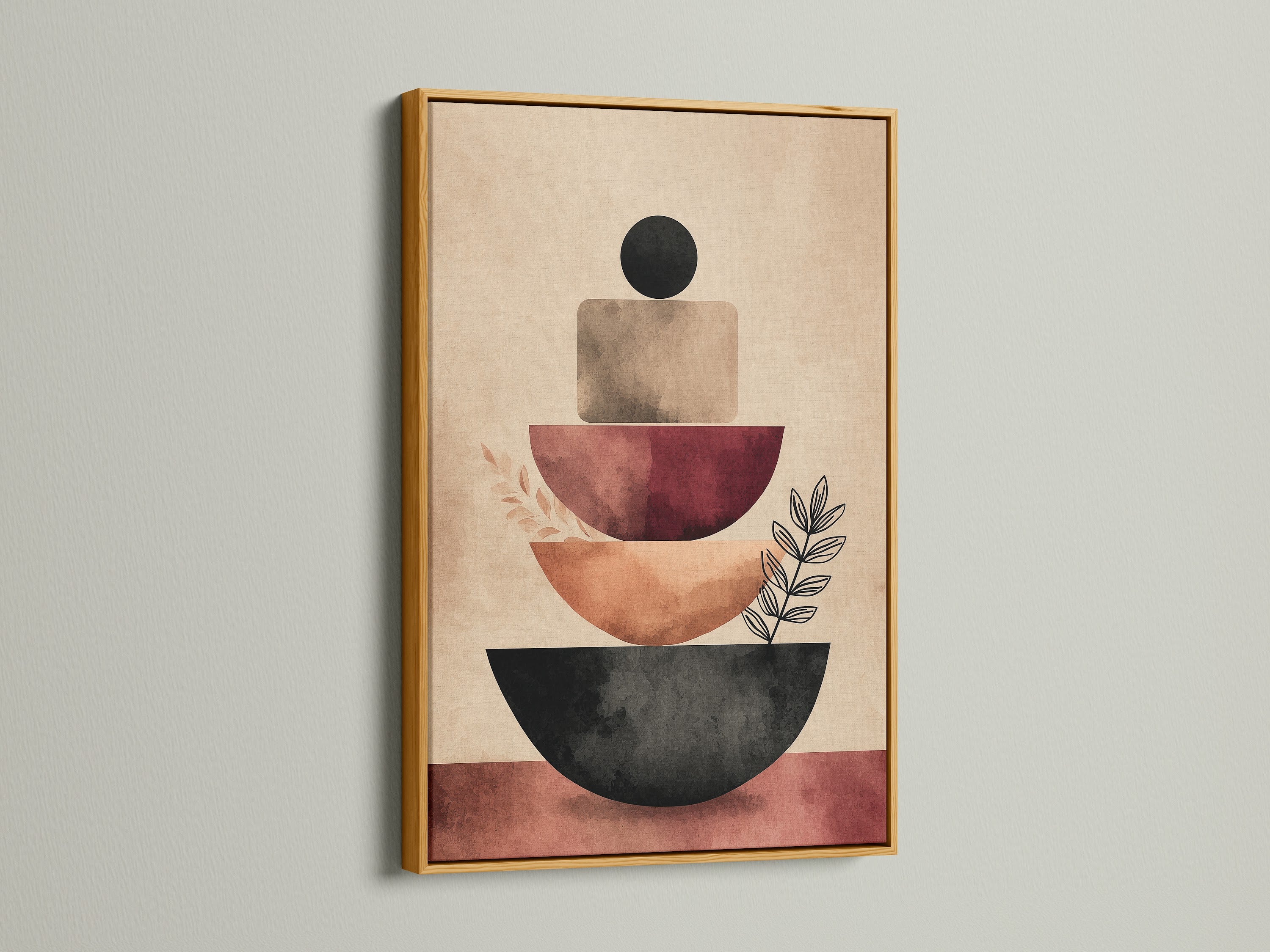 This artwork is an abstract stacking canvas print framed in gold. The terracotta geometric shapes and neutral tones provide a modern aesthetic. Perfect for adding a touch of elegance to office decor. It is also suitable for living rooms and studios.