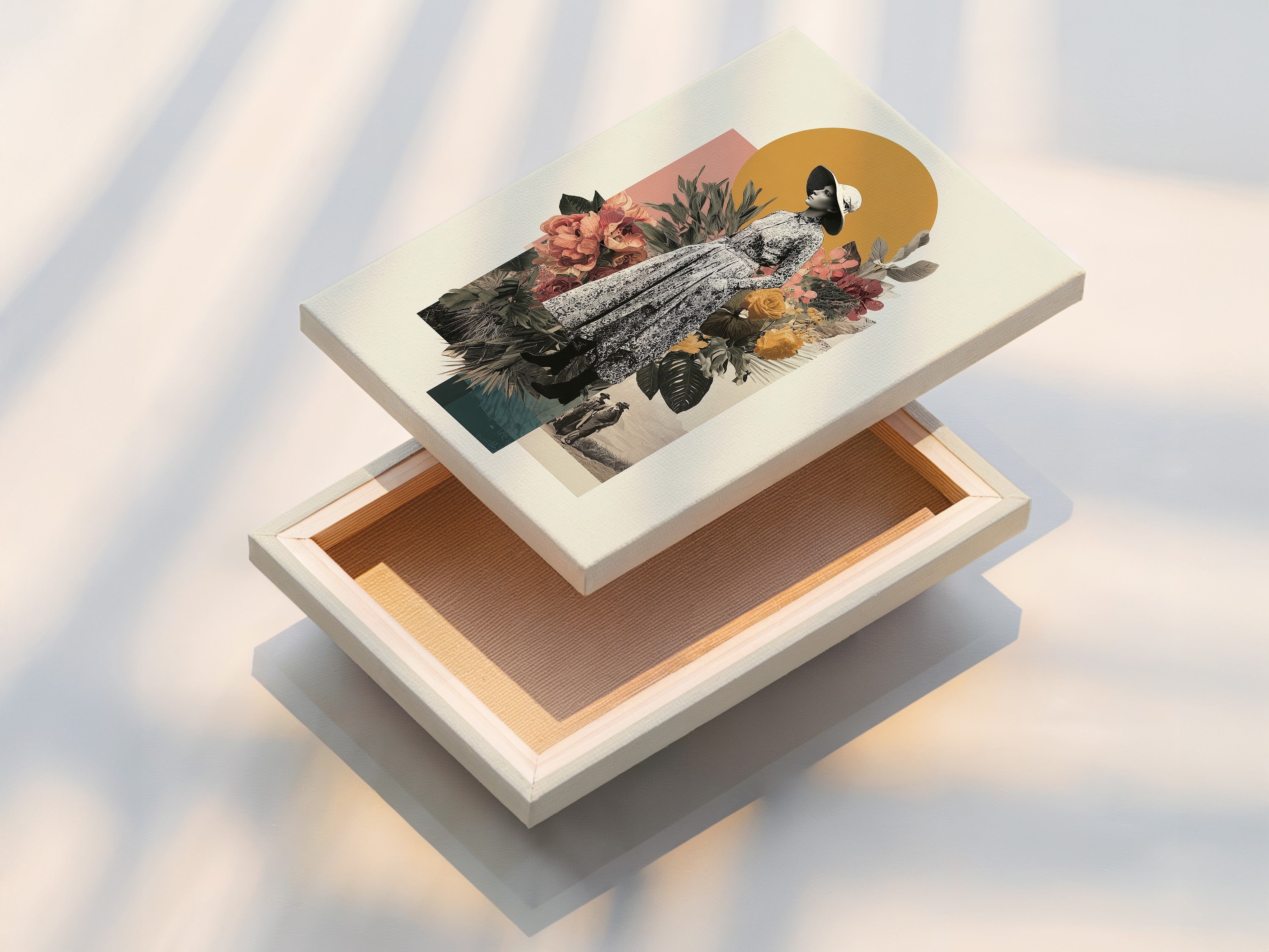 Stretched canvas print featuring vintage collage artwork. This boho woman botanical wall art is ready to hang. Enhance your bedroom wall decor with this retro fashion canvas print. The stretched canvas provides a professional and gallery-ready look. Perfect for modern and eclectic styles.