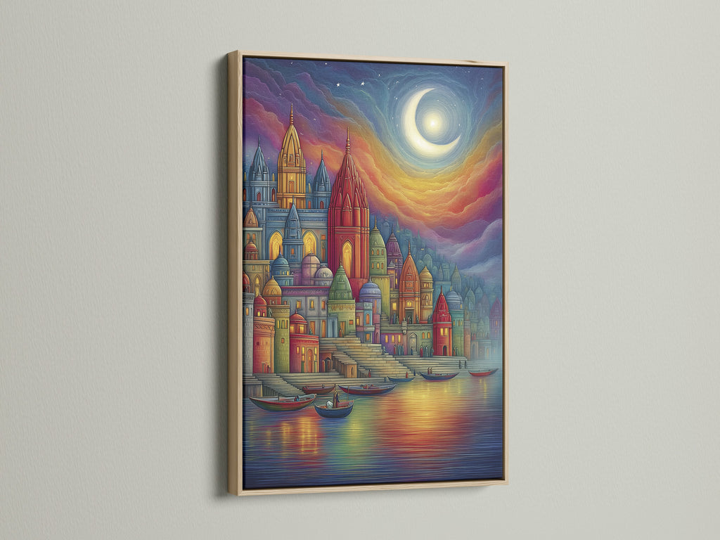 Fantasy Castle Wall Art in a oak Frame. The colorful medieval architecture print brings a fairytale to life. This canvas complements modern bohemian or eclectic styles. It is ideal for living rooms bedrooms offices boutiques lobbies and creative spaces.