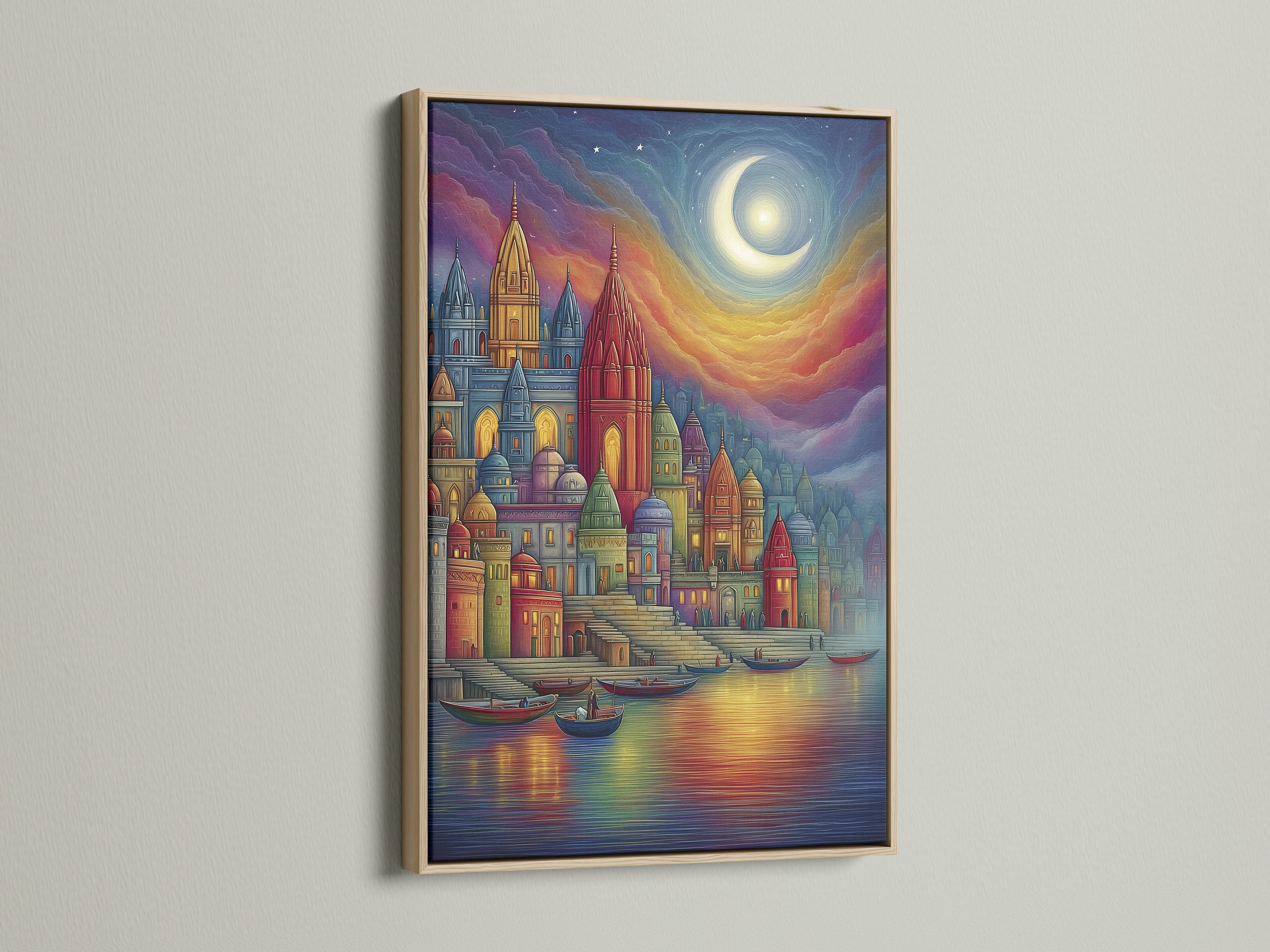 Fantasy Castle Wall Art in a oak Frame. The colorful medieval architecture print brings a fairytale to life. This canvas complements modern bohemian or eclectic styles. It is ideal for living rooms bedrooms offices boutiques lobbies and creative spaces.