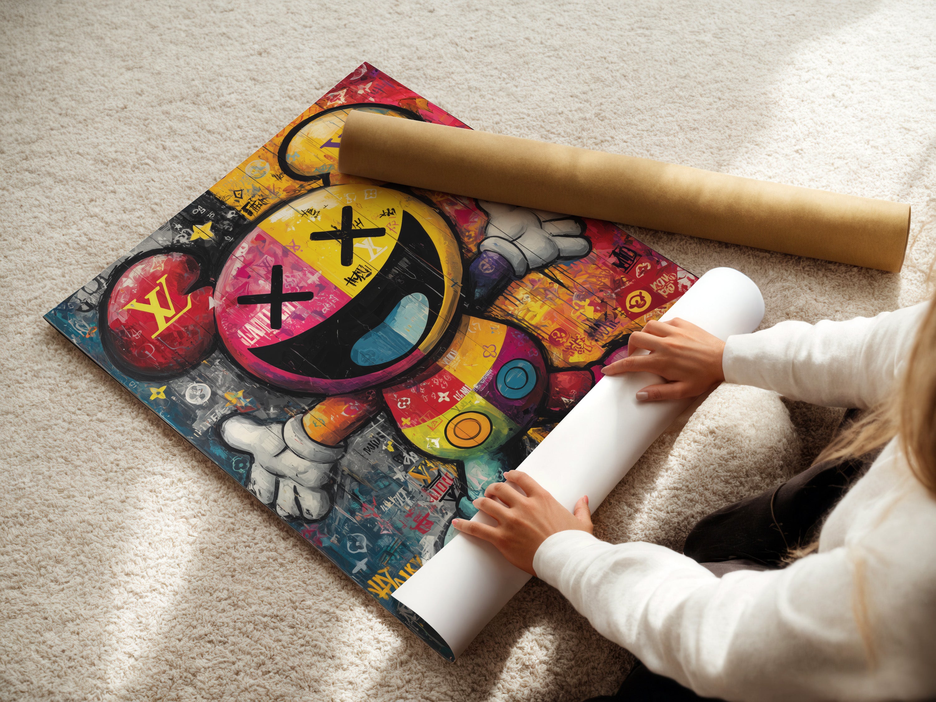 A woman is carefully rolling a fine art poster paper. The paper is high-quality and ready for printing vibrant artwork. This ensures your pop art Mickey canvas print looks its best. High-quality printing is available for your home or office decor.