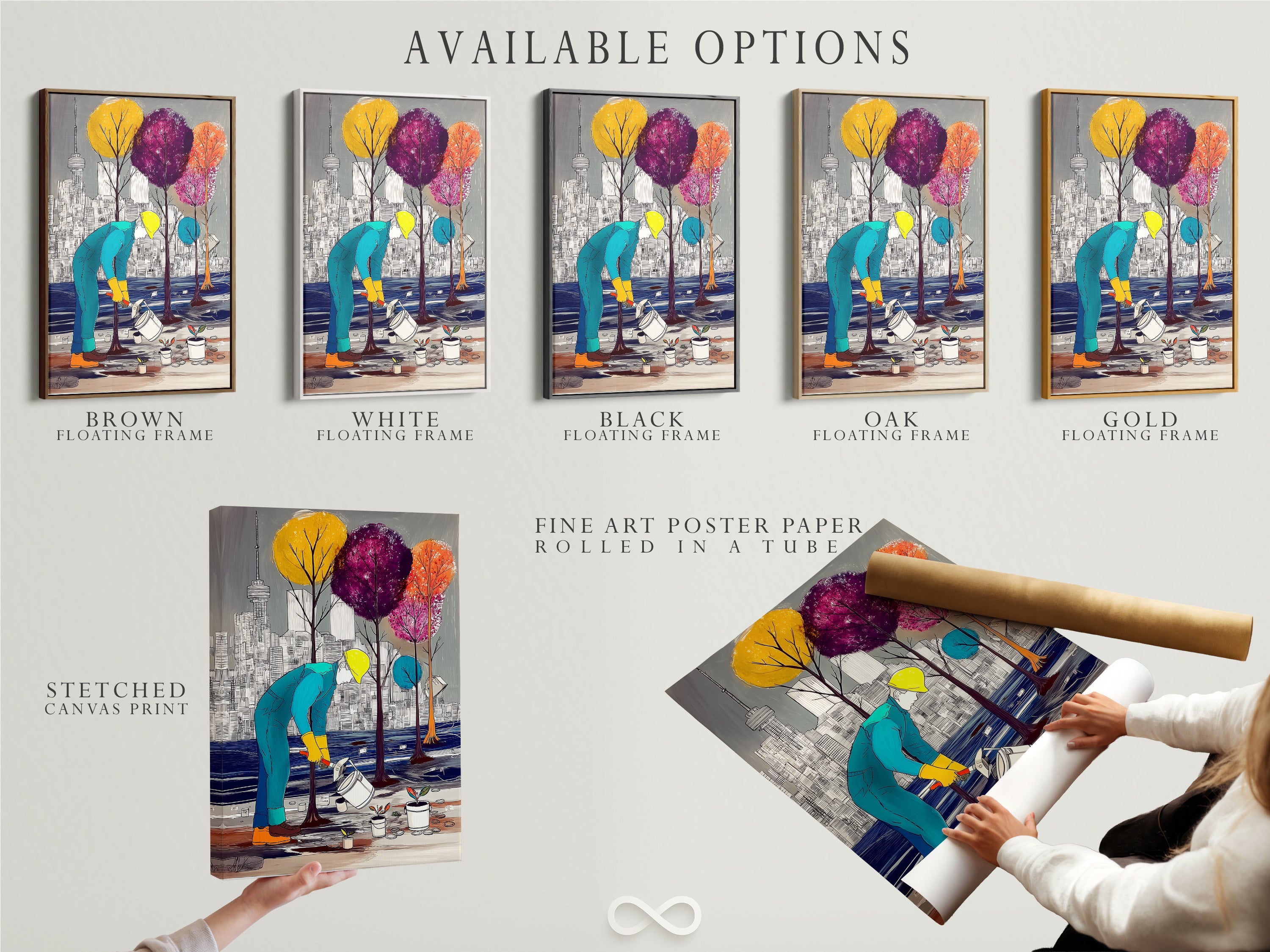 Explore the available options for the City Gardener artwork. Choose from a stretched canvas print a fine art poster paper or a floating frame. Each option enhances the modern artwork. This urban landscape artwork is perfect for adding color. Find the ideal piece for your space.