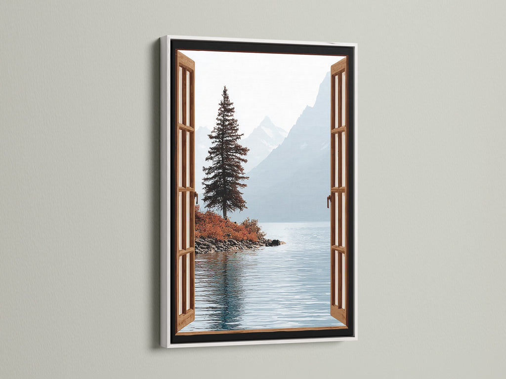 A mountain lake canvas print is displayed in a white frame. The nature view poster brings a serene landscape into any room. This artwork enhances study room decor. The open window view offers a peaceful touch.