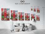 A size comparison chart is displayed in an interior setting. This chart helps you visualize the perfect size for your artwork. Choose the ideal dimensions for your Golden Gate Bridge art. Ensure it fits your space perfectly.