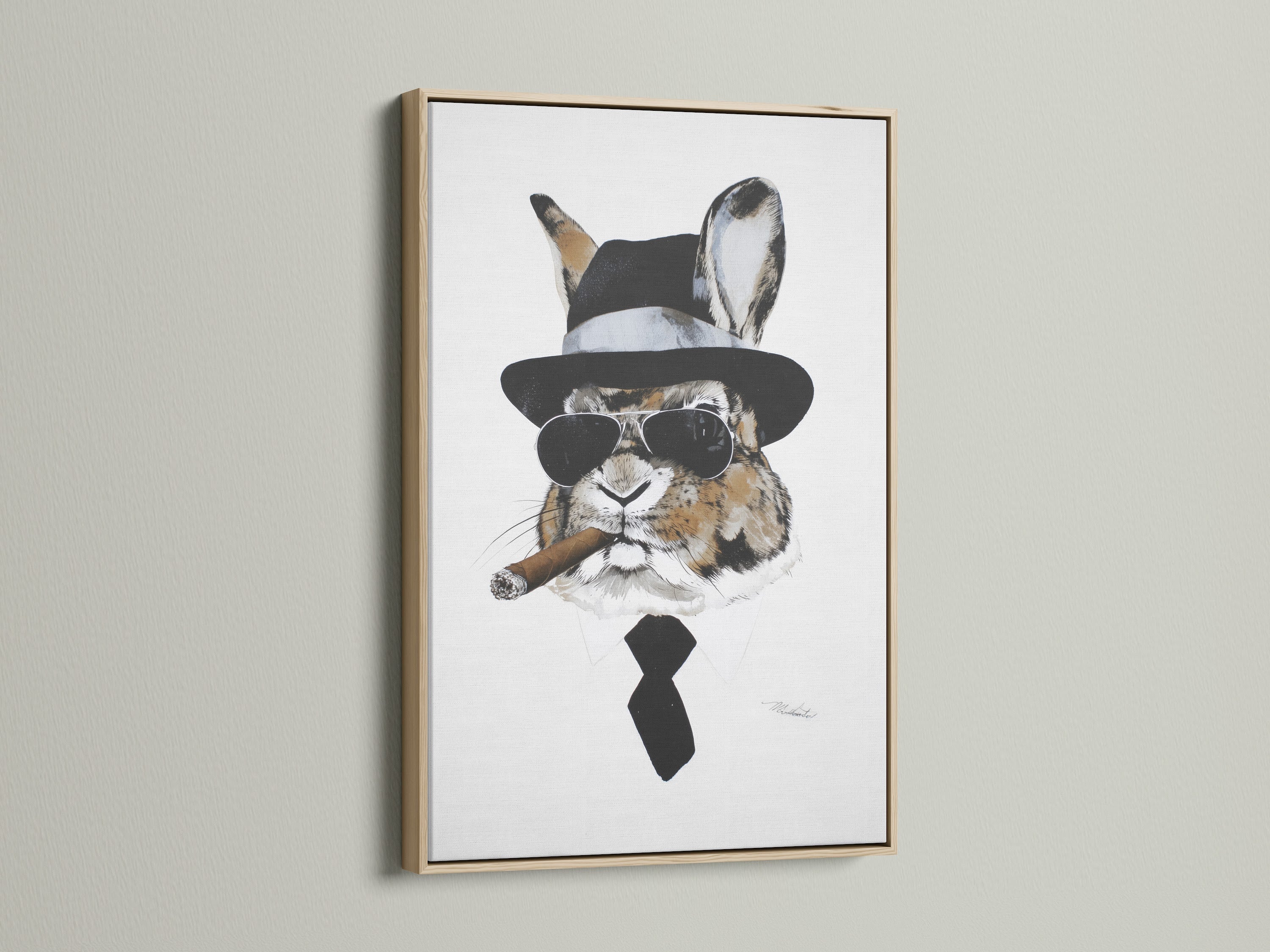 Gentleman Rabbit art in an oak frame. A dapper animal print for a unique touch. Ideal for living rooms or study rooms. This piece adds personality. The oak frame enhances the artwork's charm. Great for those seeking quirky wall art.