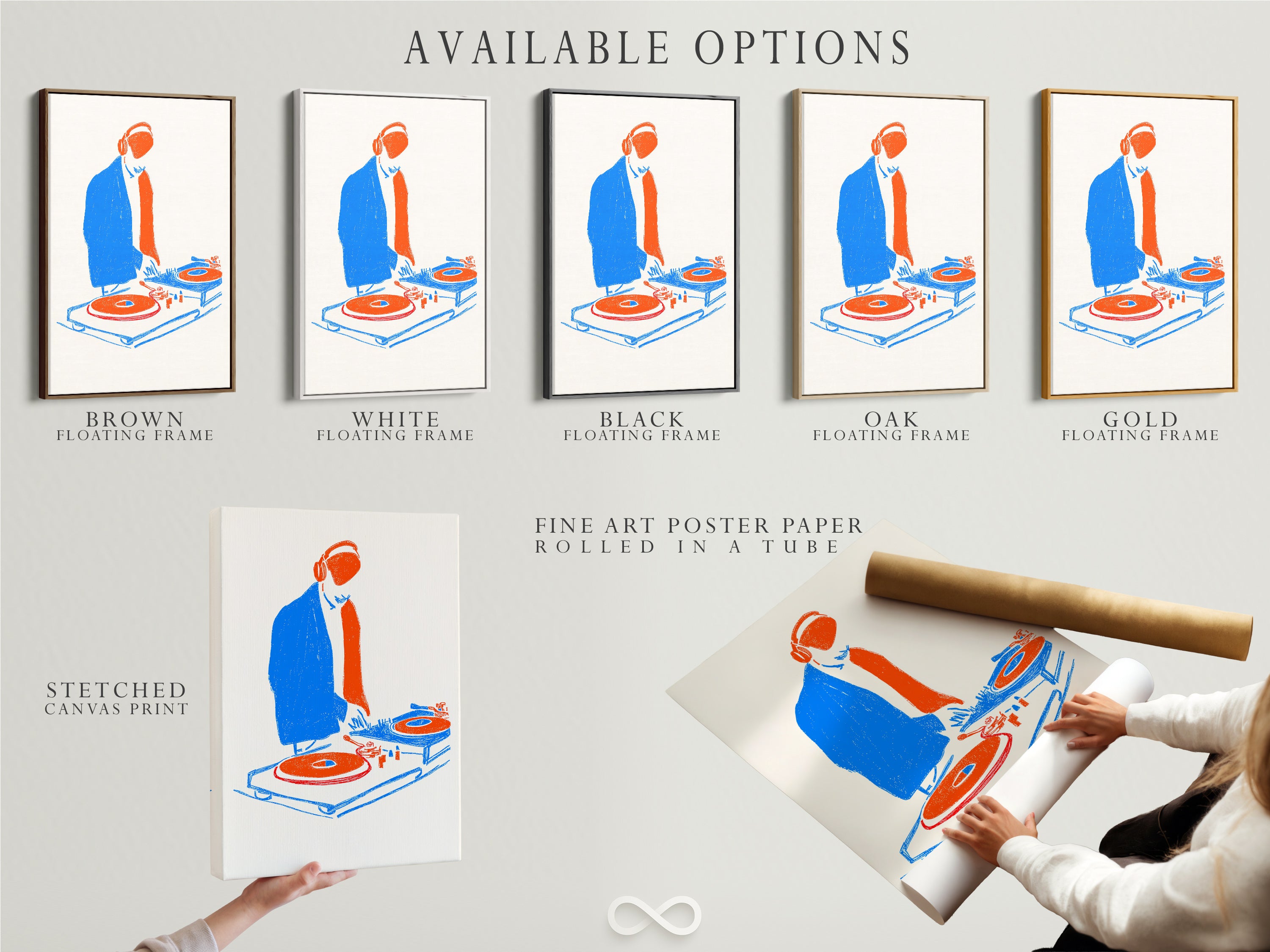 Available options for the DJ Turntable art. Options include a stretched canvas print fine art poster paper and a floating frame. Select the best option for your retro music wall art. Customize your music room decor. This is perfect for music lovers and studio owners. Elevate your space today.