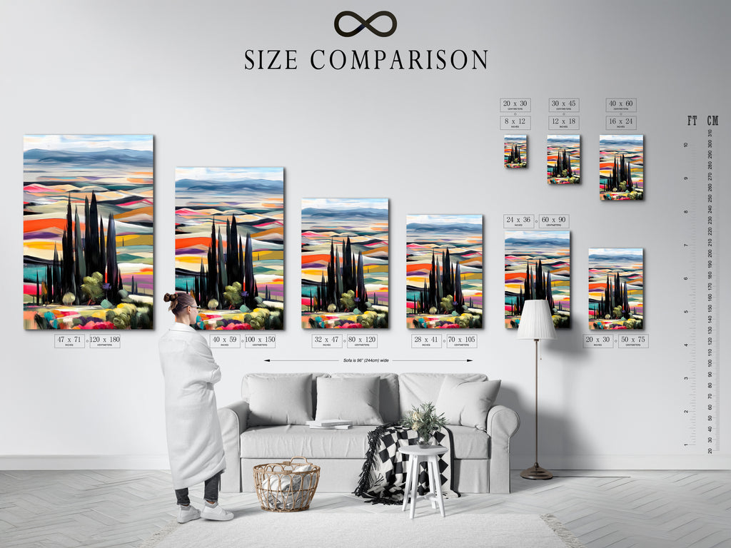 A size comparison chart is displayed in an interior setting. The chart showcases various sizes of the Tuscan Landscape artwork. See how different sizes fit into your home decor. Choose the perfect size for your living room wall art or bedroom wall decor. Plan your home wall art with ease.