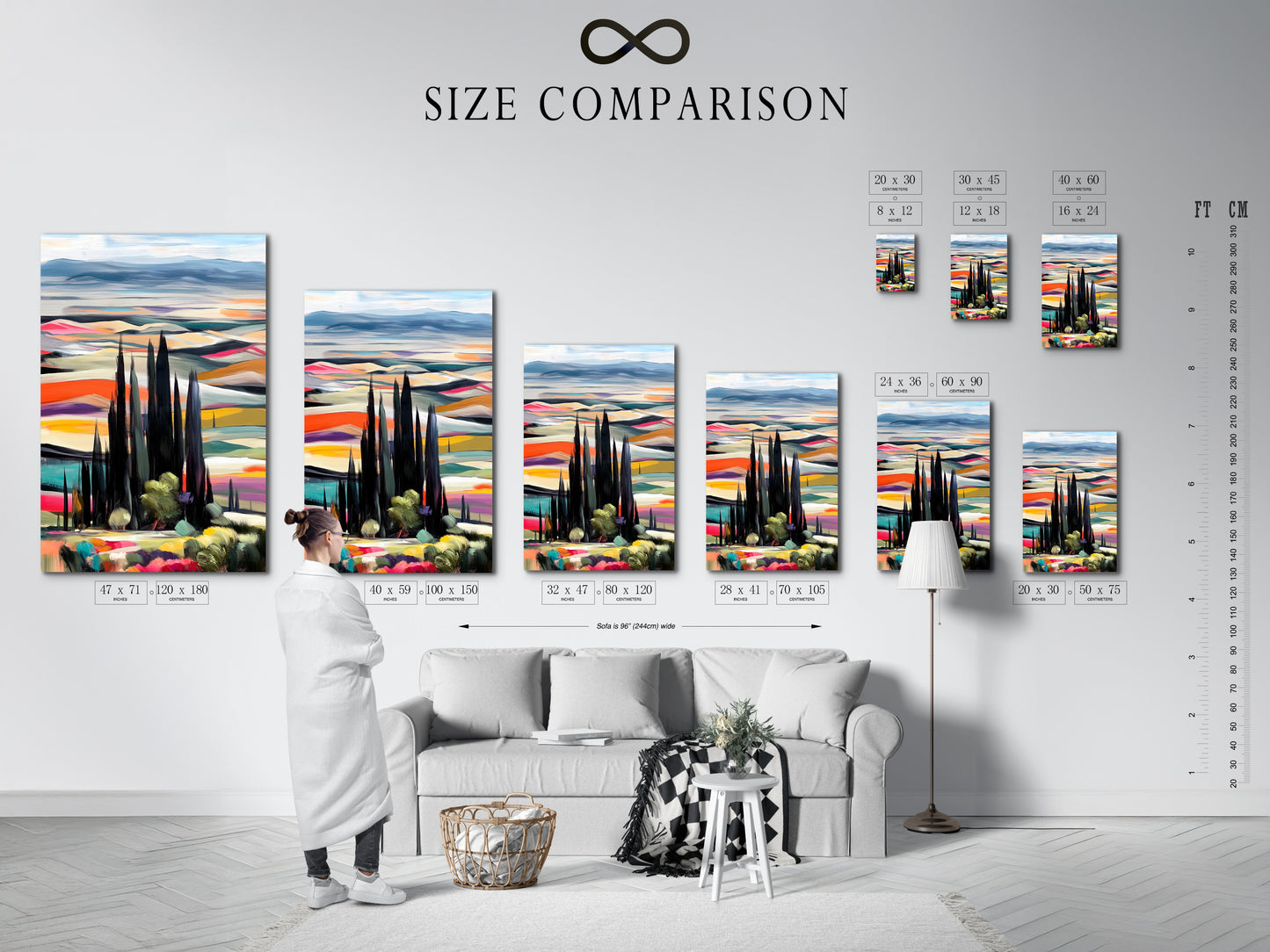 A size comparison chart is displayed in an interior setting. The chart showcases various sizes of the Tuscan Landscape artwork. See how different sizes fit into your home decor. Choose the perfect size for your living room wall art or bedroom wall decor. Plan your home wall art with ease.