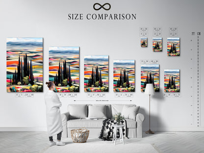 A size comparison chart is displayed in an interior setting. The chart showcases various sizes of the Tuscan Landscape artwork. See how different sizes fit into your home decor. Choose the perfect size for your living room wall art or bedroom wall decor. Plan your home wall art with ease.
