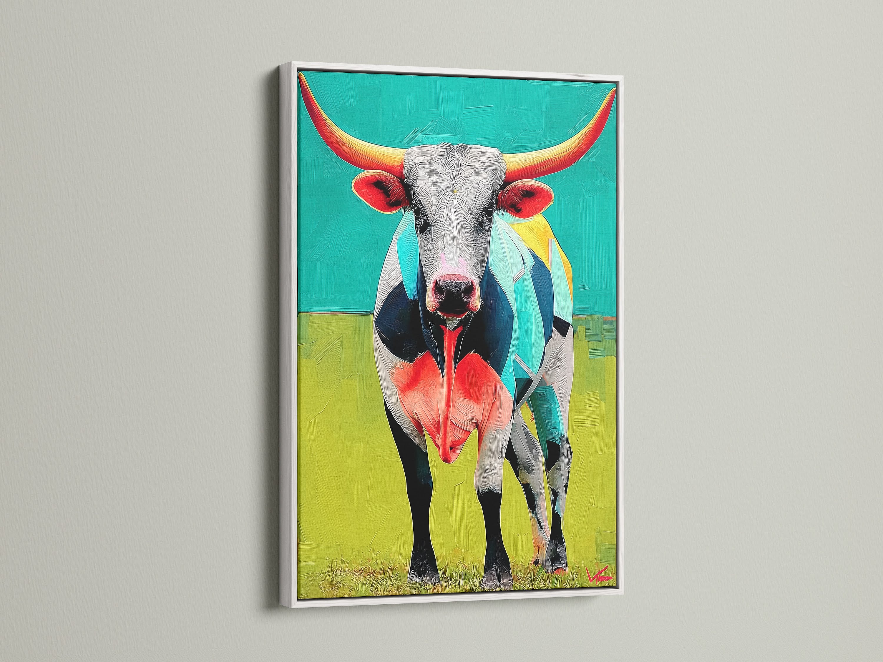 The Longhorn Steer artwork is displayed in a white frame. It offers a clean modern look. This animal canvas enhances any farmhouse decor. This piece is a vibrant addition to office wall art. The steer painting adds a touch of Texas to your space. A perfect blend of contemporary and western art.