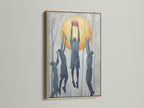 Eye-level shot of basketball silhouette art piece in an oak frame. The artwork features a group of players reaching for a ball against a grey and gold backdrop. This sports wall art adds team spirit to any space. Perfect for boys room decor or a modern game room. Discover athletic canvas prints now.