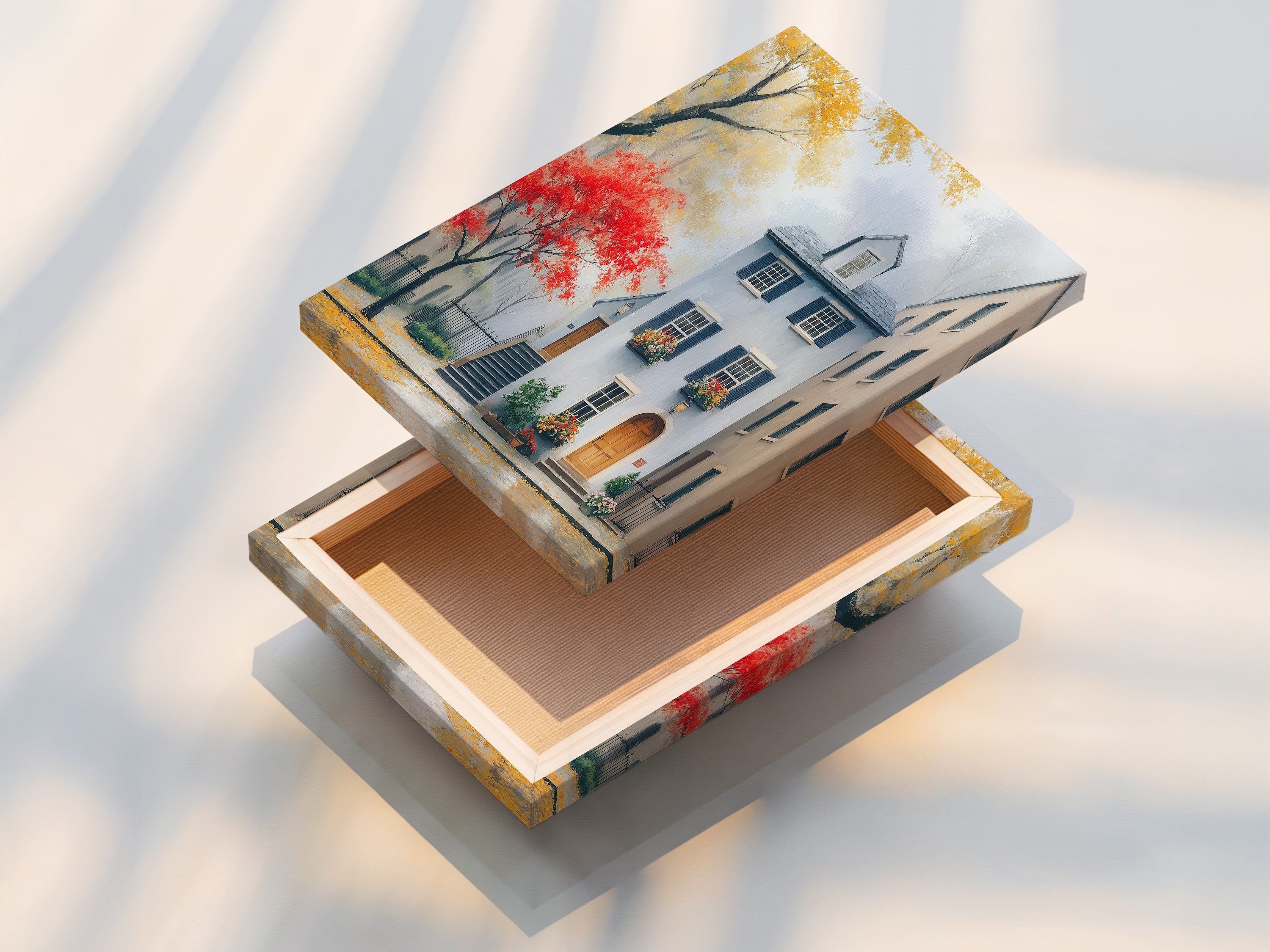 A stretched canvas print of Charleston architecture. The cityscape art features a historic building in autumn colors. This stretched canvas is ready to hang. It offers a contemporary and minimalist look. Perfect for modern living room wall art.