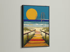 The black frame gives a bold look to the beach wall art. The boardwalk print captures a stunning coastal sunset. This is ideal for modern beach house decor. The ocean landscape adds elegance to any space.