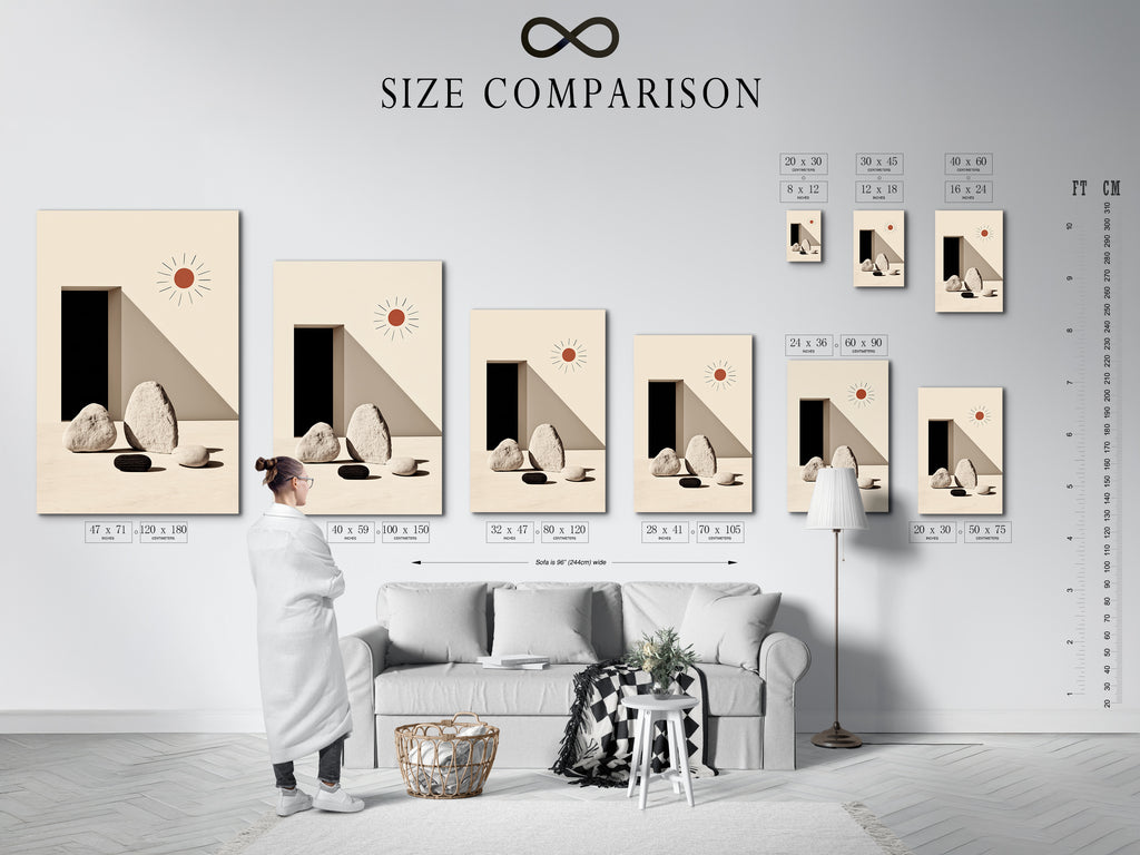 A size comparison chart displayed in an interior setting. The chart showcases various sizes of minimalist stone artwork. This geometric print is perfect for any modern space. See how different sizes fit your home or office wall decor. Choose the perfect scale for your zen art print. Enhance your interior with this simple yet elegant artwork.