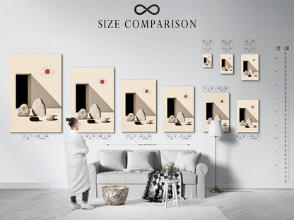 A size comparison chart displayed in an interior setting. The chart showcases various sizes of minimalist stone artwork. This geometric print is perfect for any modern space. See how different sizes fit your home or office wall decor. Choose the perfect scale for your zen art print. Enhance your interior with this simple yet elegant artwork.