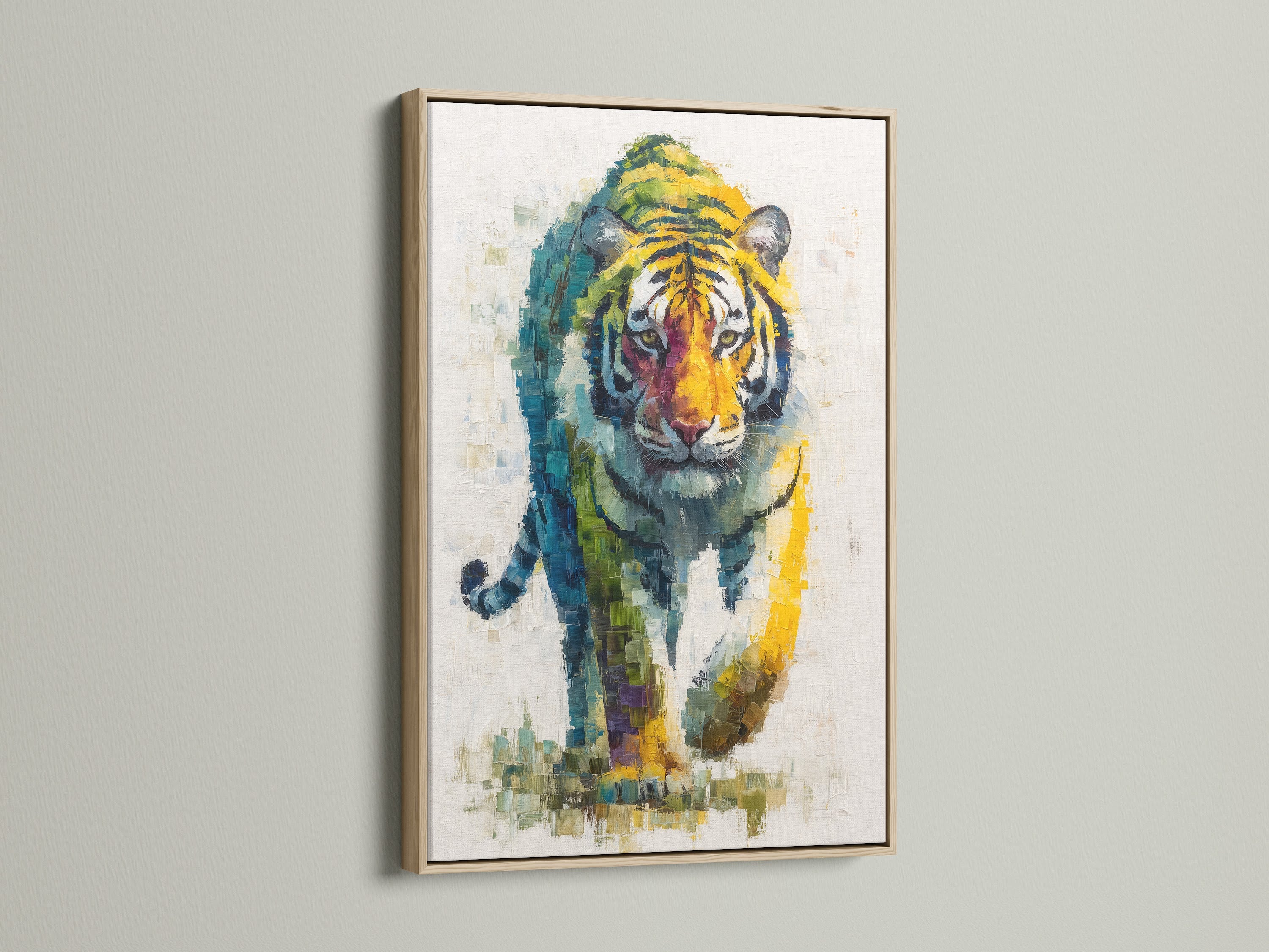 Tiger Wall Art in an oak frame. The frame enhances the colorful wildlife canvas. This modern animal artwork is perfect for minimalist or Scandinavian styles. A big cat print for your home or office.