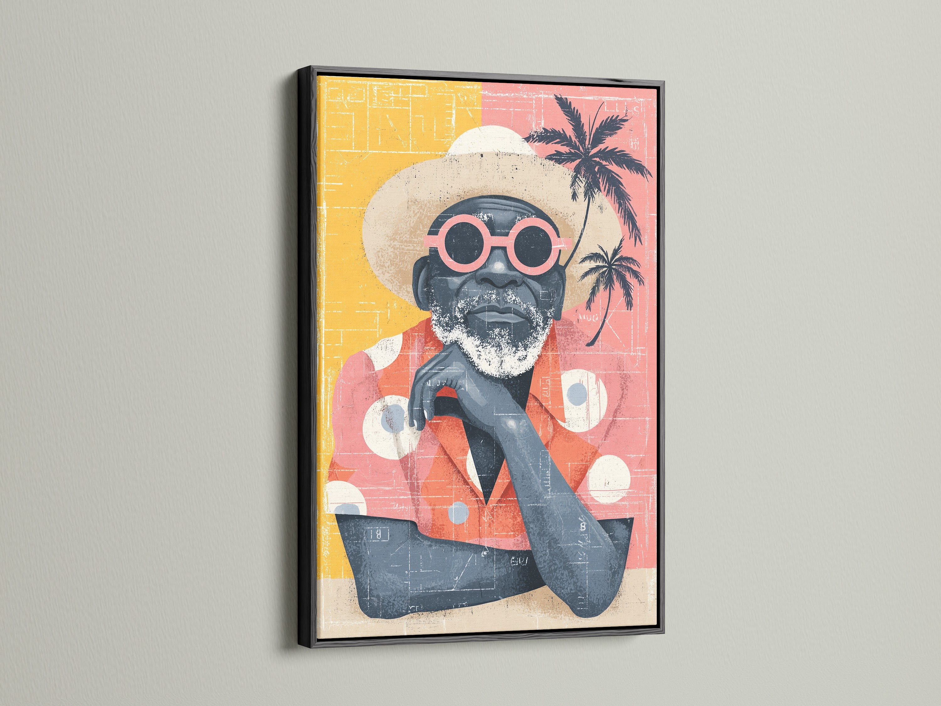 Retro beach man art print in a black frame. This summer wall art adds a stylish touch to any space. The black frame provides a modern contrast to the vintage design. This tropical portrait is ideal for eclectic and coastal interiors. It enhances living rooms bedrooms and offices.