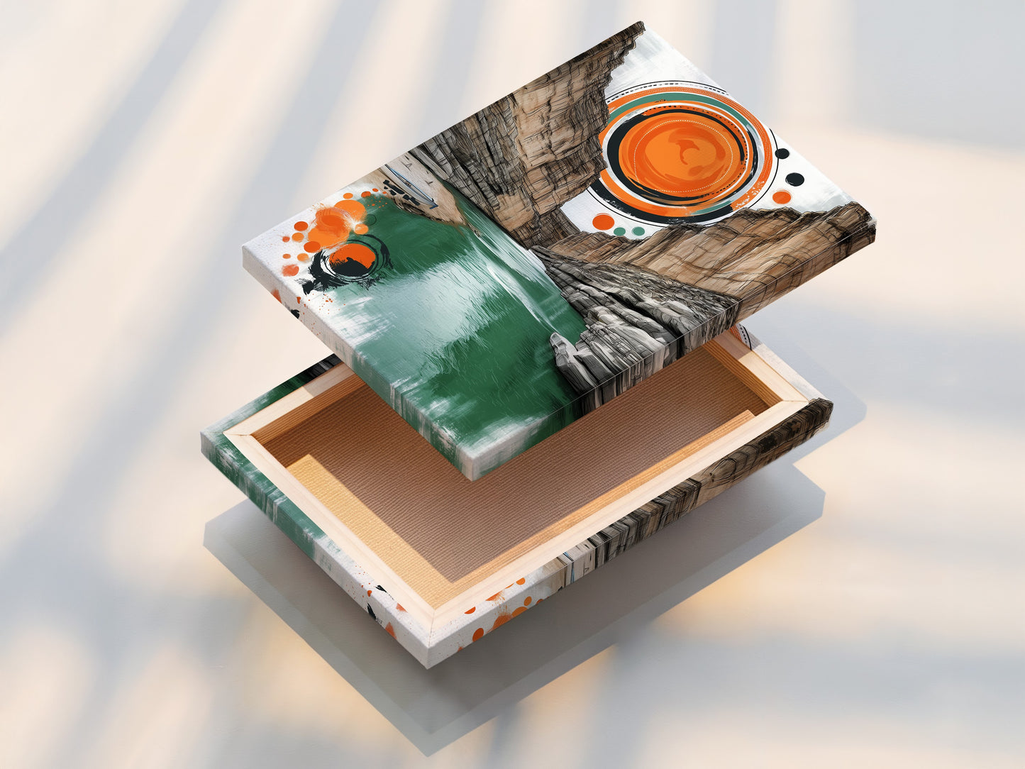 Stretched Canvas Print of Canyon Landscape. This ready-to-hang canvas print features vibrant earth tones and modern artwork. Perfect for adding a touch of nature to your home or office. Shop now!