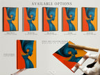 Explore available options for this abstract woman artwork. Choose from a stretched canvas print fine art poster paper or floating frame. Tailor the teal and orange modern portrait. Match your decor preferences with these versatile art choices.