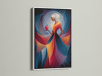 A white frame highlights this elegant art. The artwork features a woman holding a red apple. The white frame creates a clean modern look. It accentuates the art's vibrant colors and details.