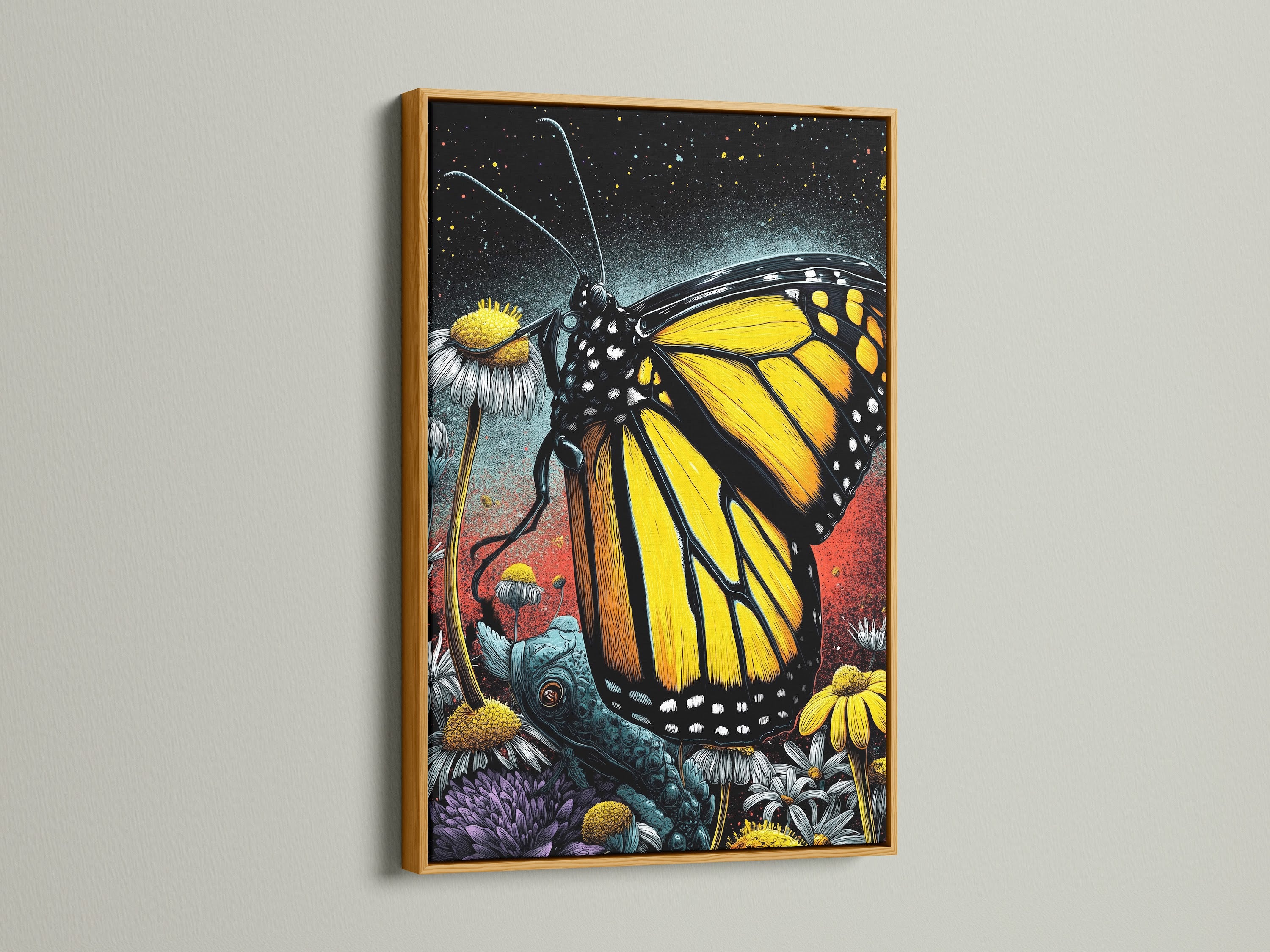 Elegant Monarch Butterfly art print in a gold frame. The floral insect canvas brings a touch of nature to your decor. Perfect for adding a modern and whimsical touch to any room. Yellow accents brighten up your walls.