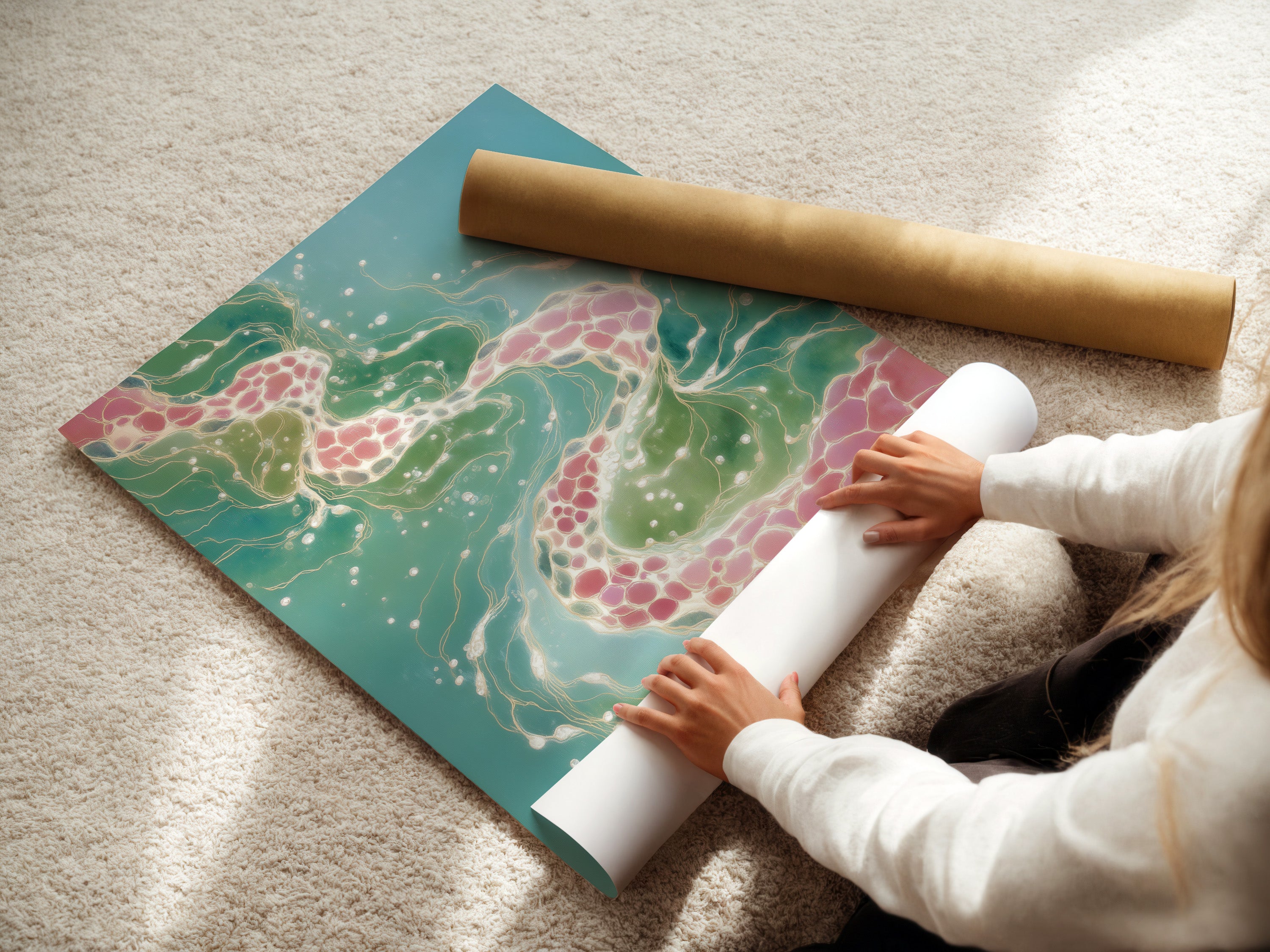 A woman is carefully rolling a fine art poster paper. The paper is ready for printing abstract fluid art. This ensures high-quality prints of teal and pink modern artwork. Professional handling for perfect art.