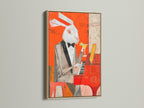 This captivating rabbit wall art features a jazz music print in an oak frame. The artwork is ideal for home bars or music rooms. This abstract animal art adds a touch of sophistication. Explore this piano player art to enhance your home decor with musical wall art.