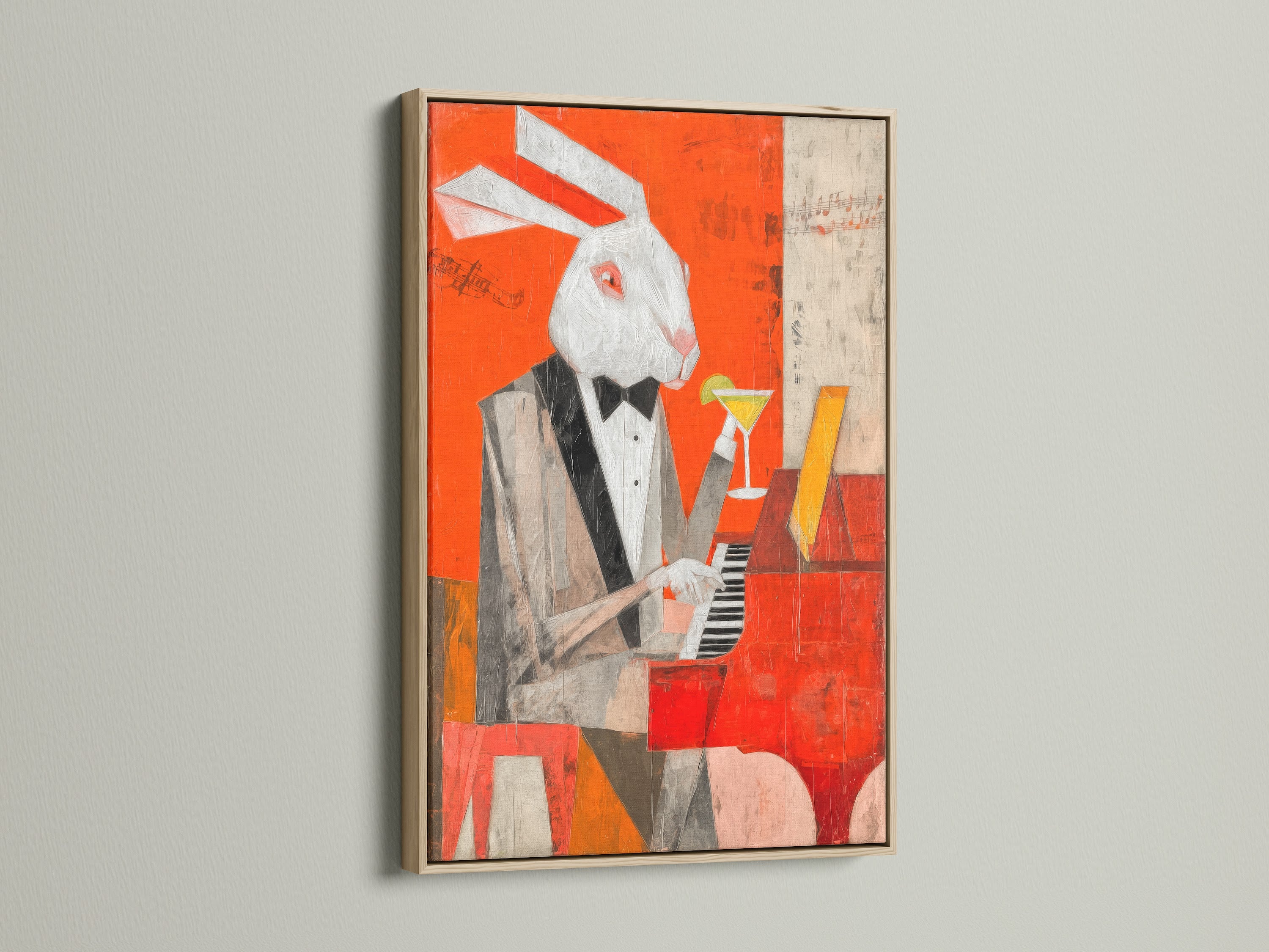 This captivating rabbit wall art features a jazz music print in an oak frame. The artwork is ideal for home bars or music rooms. This abstract animal art adds a touch of sophistication. Explore this piano player art to enhance your home decor with musical wall art.