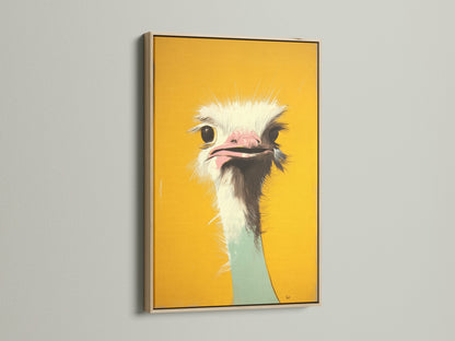 A close up view of a striking ostrich art print in an oak frame. The frame enhances the artwork's natural tones. This piece adds warmth and character to your living space. Find framed art today.