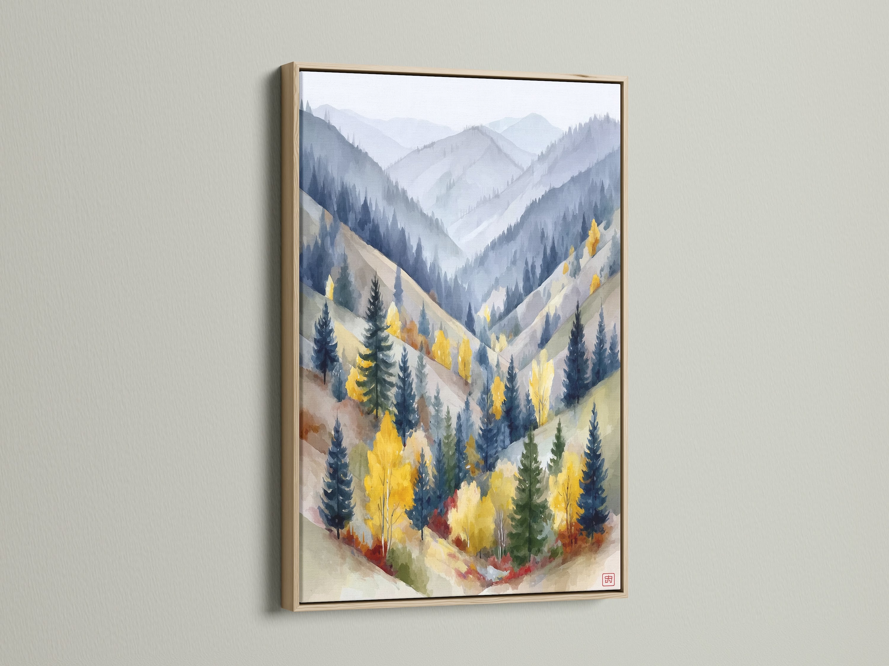 This mountain valley canvas print is framed in natural oak. The watercolor landscape art adds a touch of nature to your home or office decor. The oak frame enhances the artwork's rustic charm. Discover this nature wall art to bring the outdoors inside.