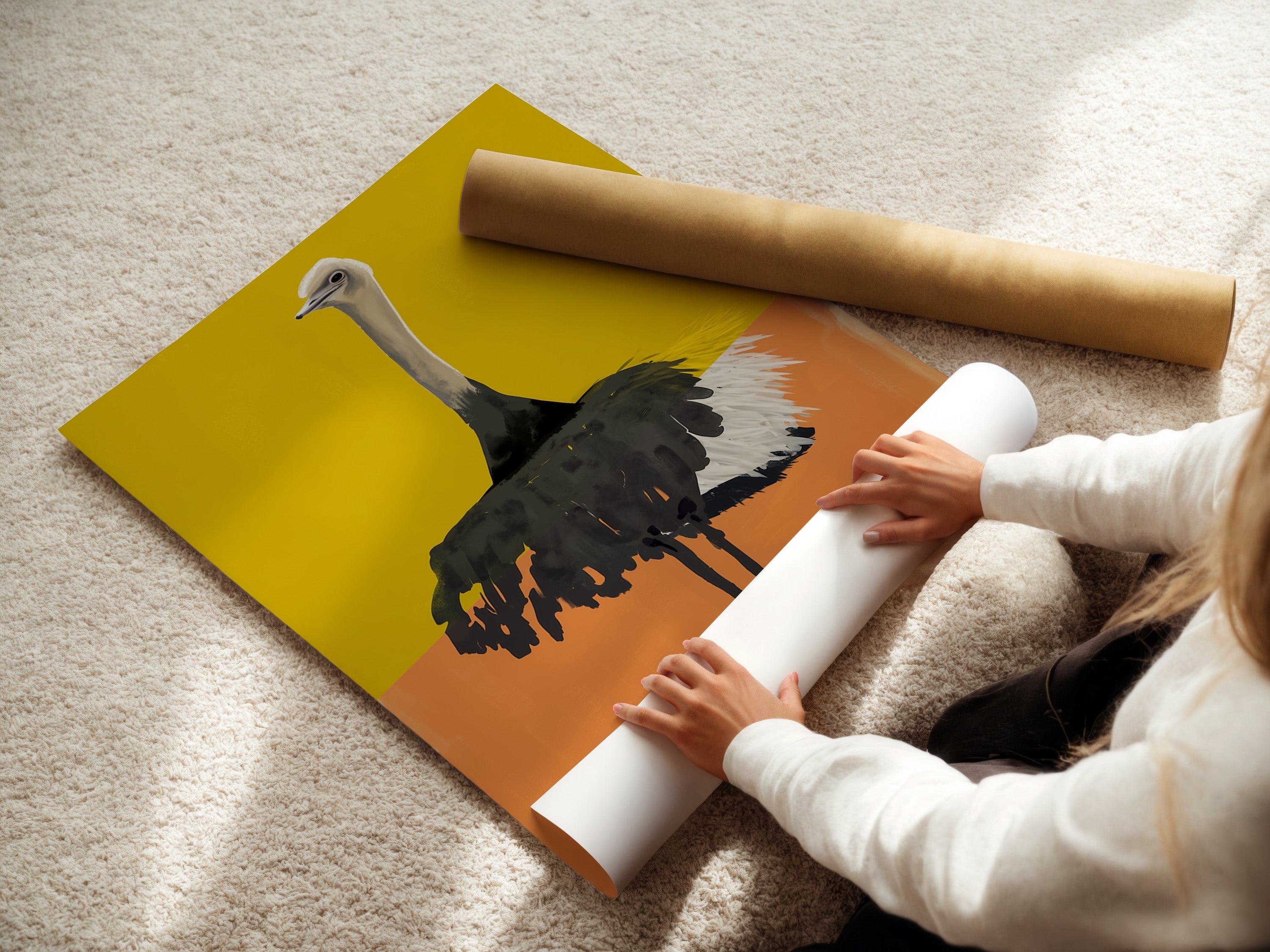 A woman carefully rolls fine art poster paper. The fine art paper ensures high-quality prints. It's essential for preserving the artwork's detail. The smooth texture enhances the colors and details. This paper is ideal for professional art presentation.