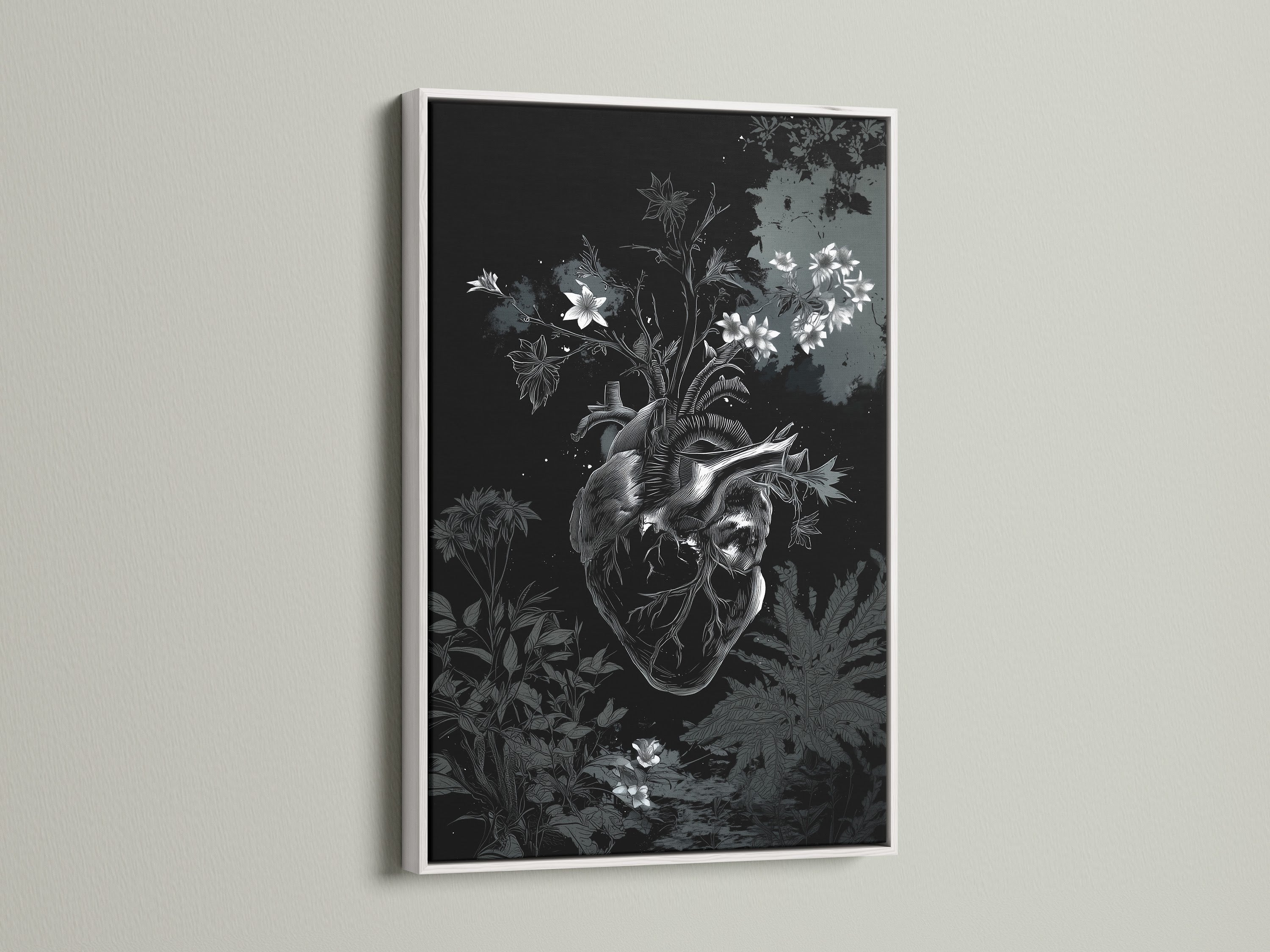 An art print displayed in a clean white frame. The botanical heart artwork stands out against the white wall. The white frame offers a modern and minimalist look. Perfect for any contemporary space.