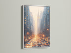 Urban skyline wall art with a golden hour is showcased in a white frame. Ideal living room wall art or bedroom wall decor. This city street artwork adds a modern touch to any space.