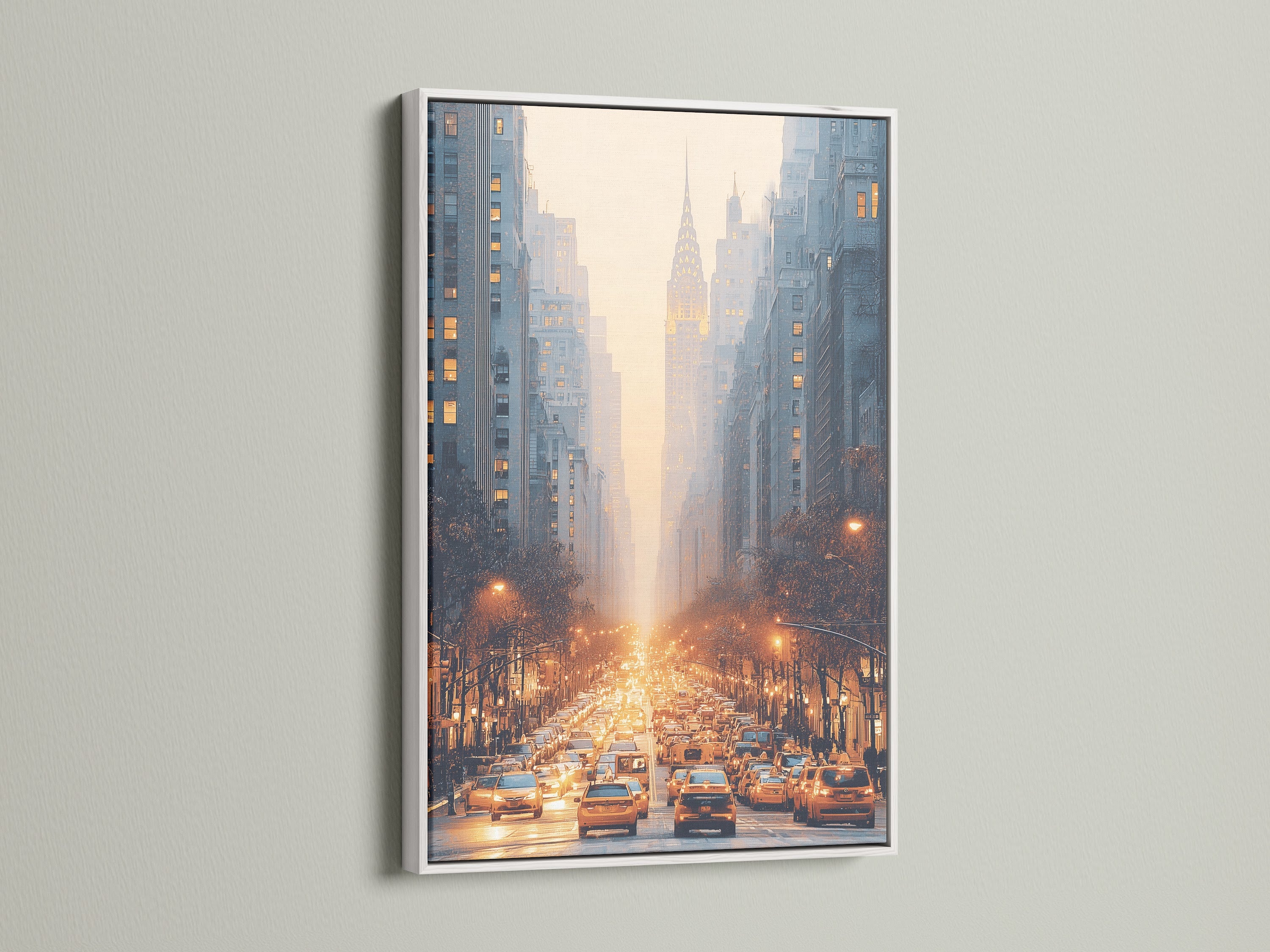Urban skyline wall art with a golden hour is showcased in a white frame. Ideal living room wall art or bedroom wall decor. This city street artwork adds a modern touch to any space.
