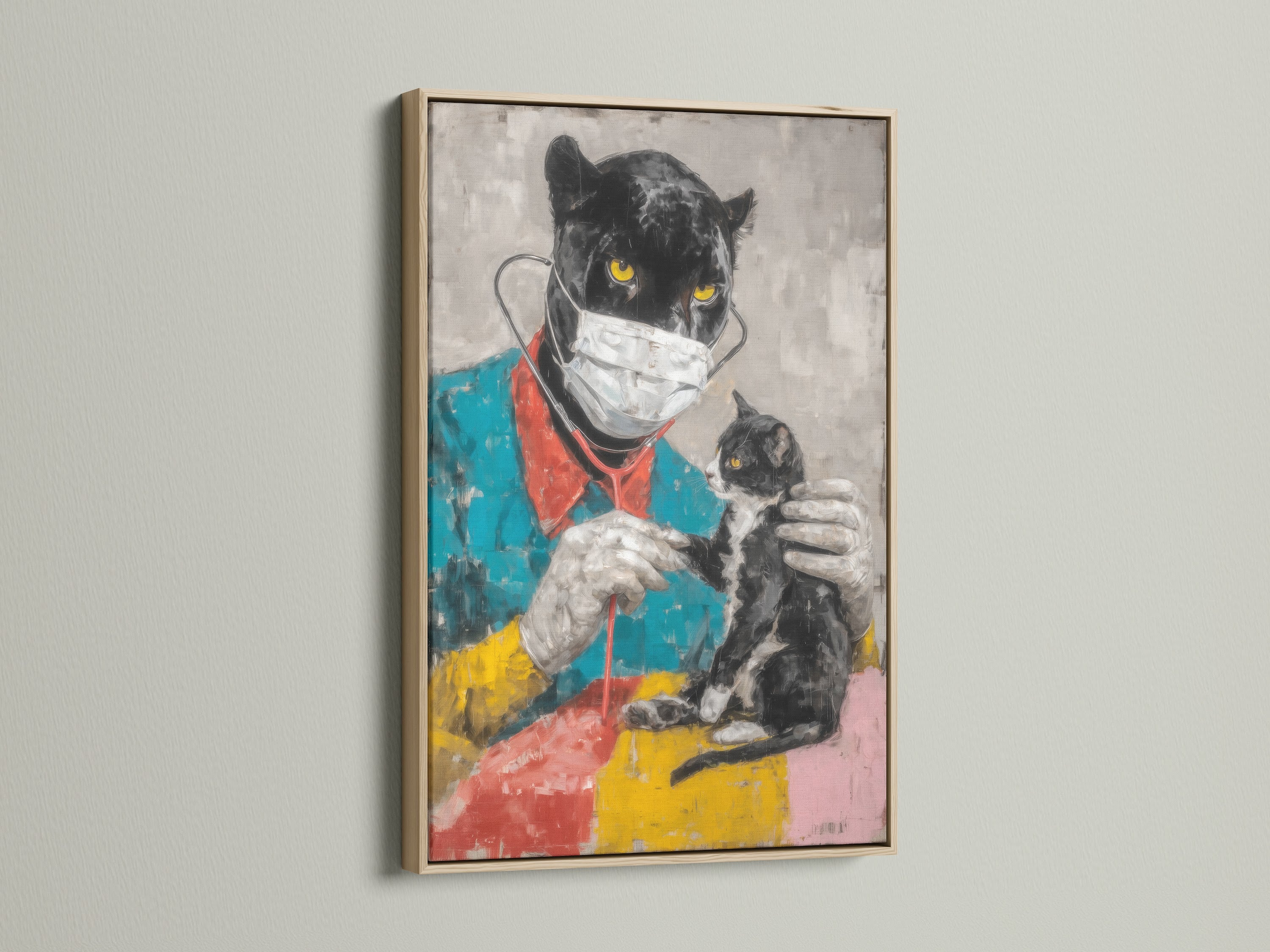The Panther Doctor artwork is showcased in an oak frame. This vet clinic decor brings a unique and uplifting touch. It's ideal for veterinarians medical staff animal lovers and contemporary art enthusiasts.