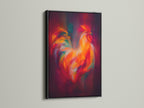 A bold rooster artwork showcased in a black frame. This piece offers a striking contrast and enhances any wall decor. A perfect blend of modern and rustic styles for your home.