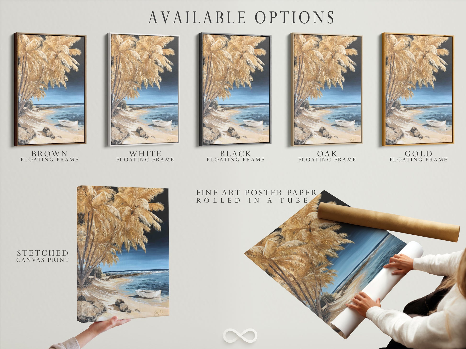 Available options for our coastal beach canvas artwork. Options include stretched canvas print fine art poster paper and floating frame. Find the perfect option for your home decor needs.