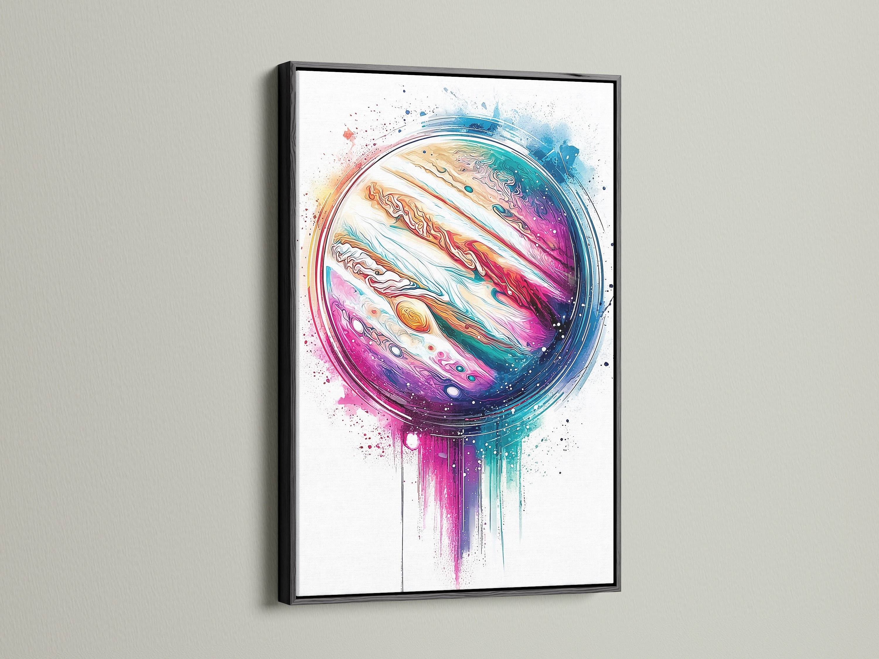 Black frame accentuating the Jupiter Abstract Canvas Print. A modern celestial artwork. The colorful planet wall art adds style to your home. Great cosmic decor for living rooms bedrooms and studios.