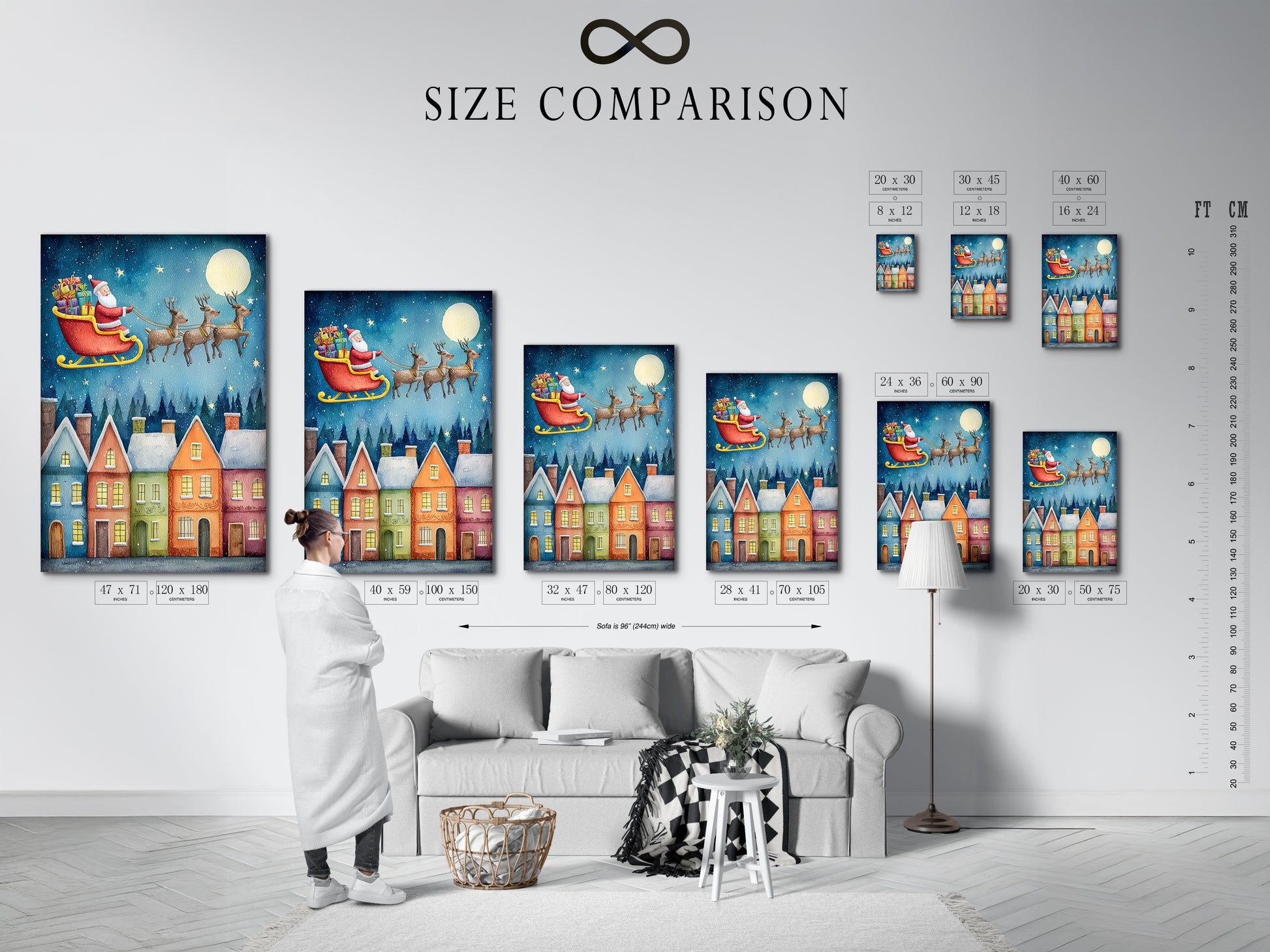 A size comparison chart showcases Santa's Flight artwork in an interior setting. Visualize how this Christmas Eve wall art fits in your space. The chart helps you choose the perfect size for your holiday decor needs. This xmas canvas print brings a festive touch to any room.