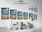 A size comparison chart in an interior setting. The Santa's Sleigh canvas print is displayed in various sizes. This watercolor Christmas art fits any space. Visualize the perfect fit for your holiday wall decor.