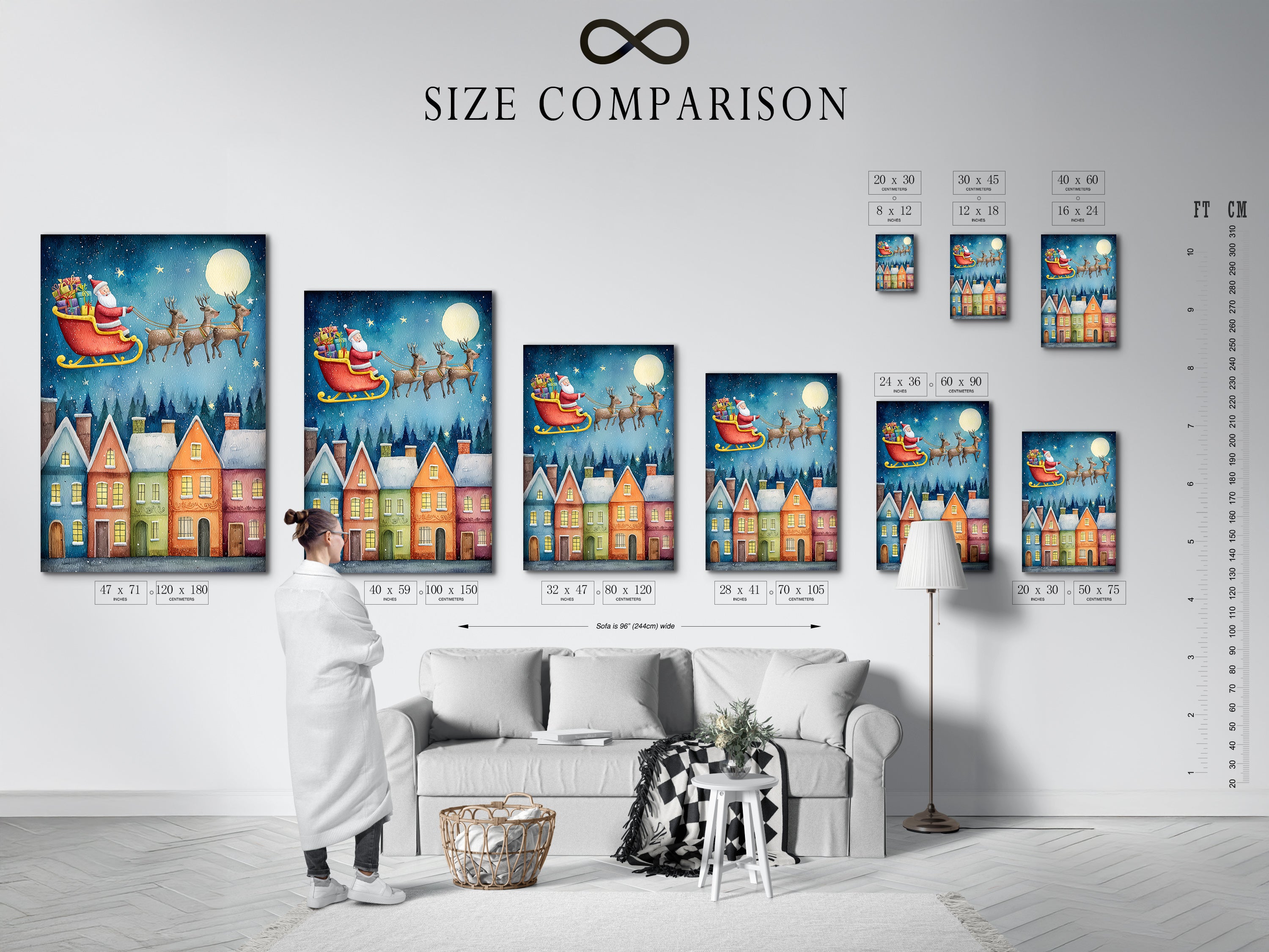 A size comparison chart in an interior setting. The Santa's Sleigh canvas print is displayed in various sizes. This watercolor Christmas art fits any space. Visualize the perfect fit for your holiday wall decor.