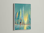 A vibrant painting of a marathon in Dubai. The artwork is showcased in a sleek white frame. The white frame offers a clean modern look. It allows the artwork to stand out. Perfect for any contemporary space it adds style.