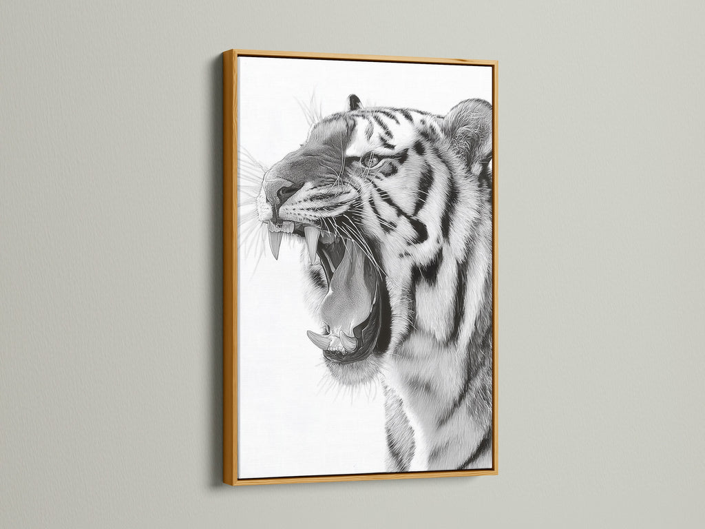 A gold frame surrounds a stunning tiger artwork. The metallic sheen of the gold adds a touch of luxury. It enhances the overall richness of the piece. Perfect for adding a touch of glamour to your home decor. Discover the allure of framed art.