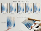 Available options for the Winter Forest artwork. Choose from a stretched canvas print fine art poster paper or a floating frame. Each option enhances the snowy birch tree wall art in its own unique way. Find your perfect style.