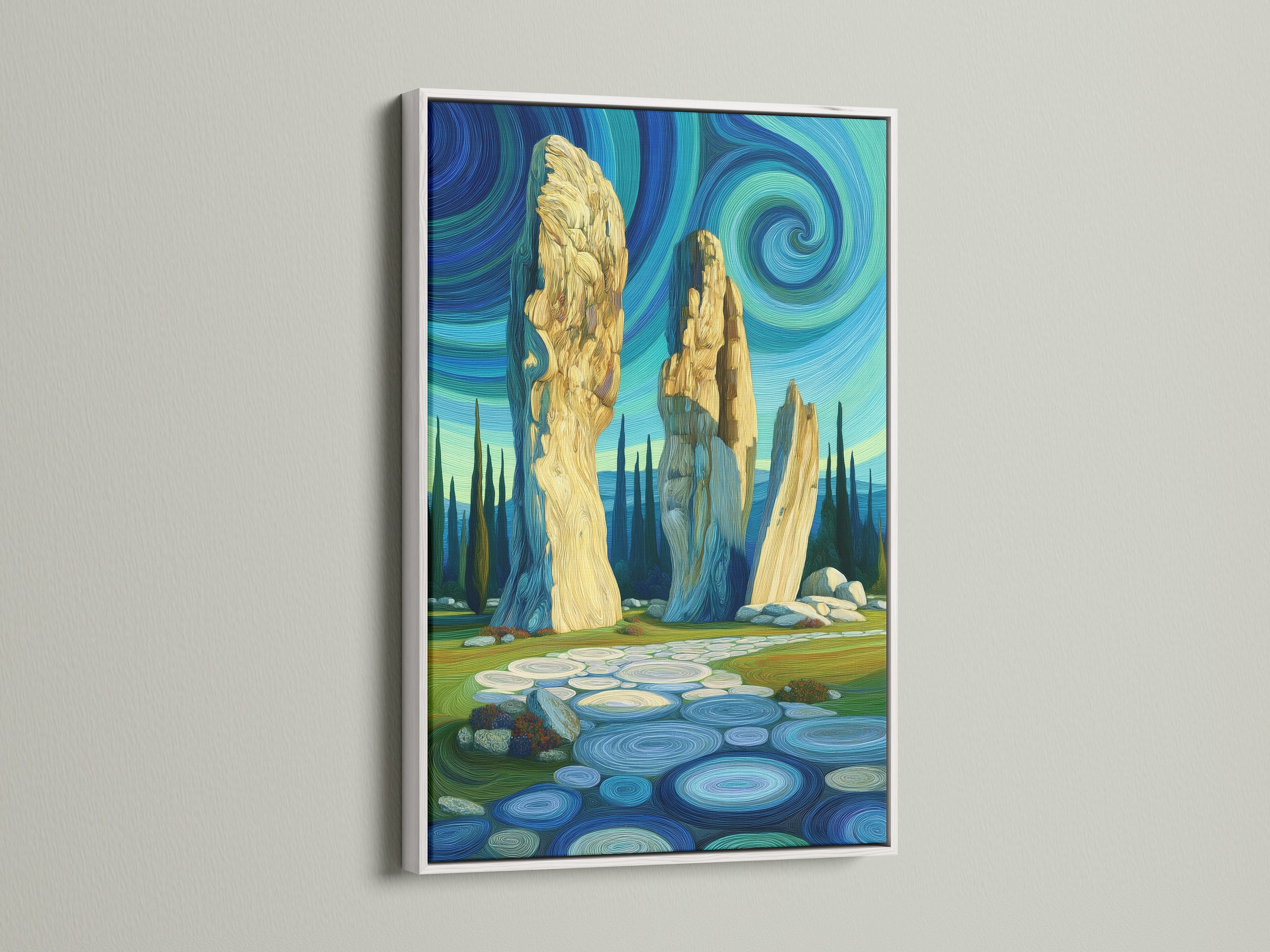 The artwork features an ancient stone circle with a swirling sky. The frame around the art is white. This mystical landscape canvas print brings a serene and calming vibe. It's ideal for a study room or any space needing a touch of pagan wall decor.