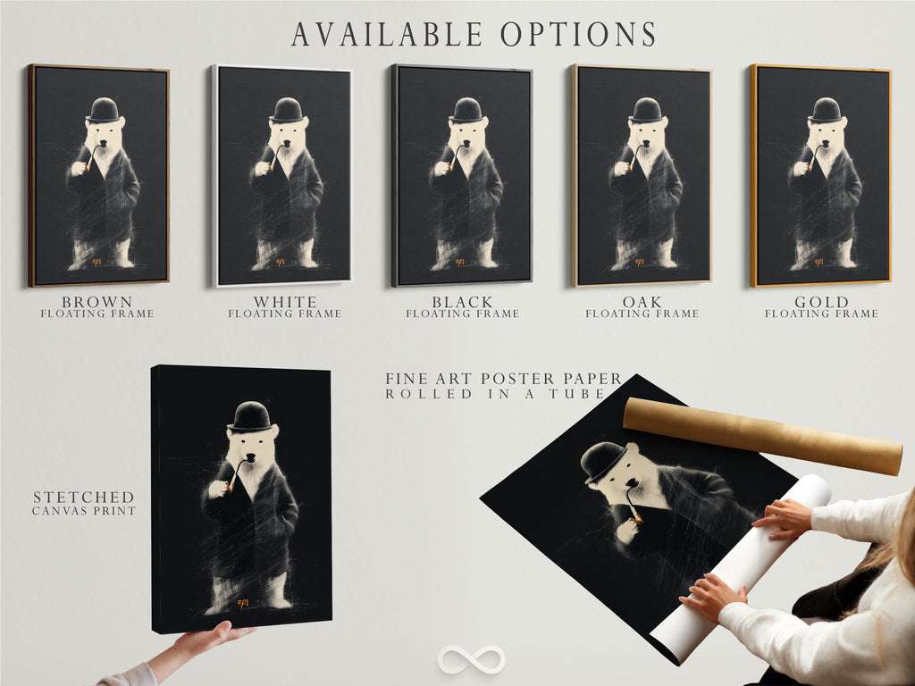 Various art display options are shown. Options include a stretched canvas print. Also available is fine art poster paper. A floating frame is another option. Choose the perfect format for your art.